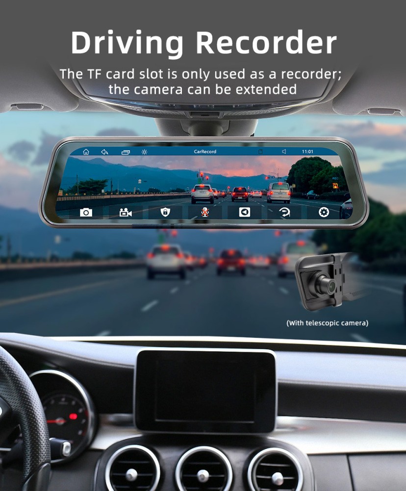 Apple CarPlay Car Rearview Mirror DVR Driving Recorder 9.36in AUX/BT/FM/TF Cam