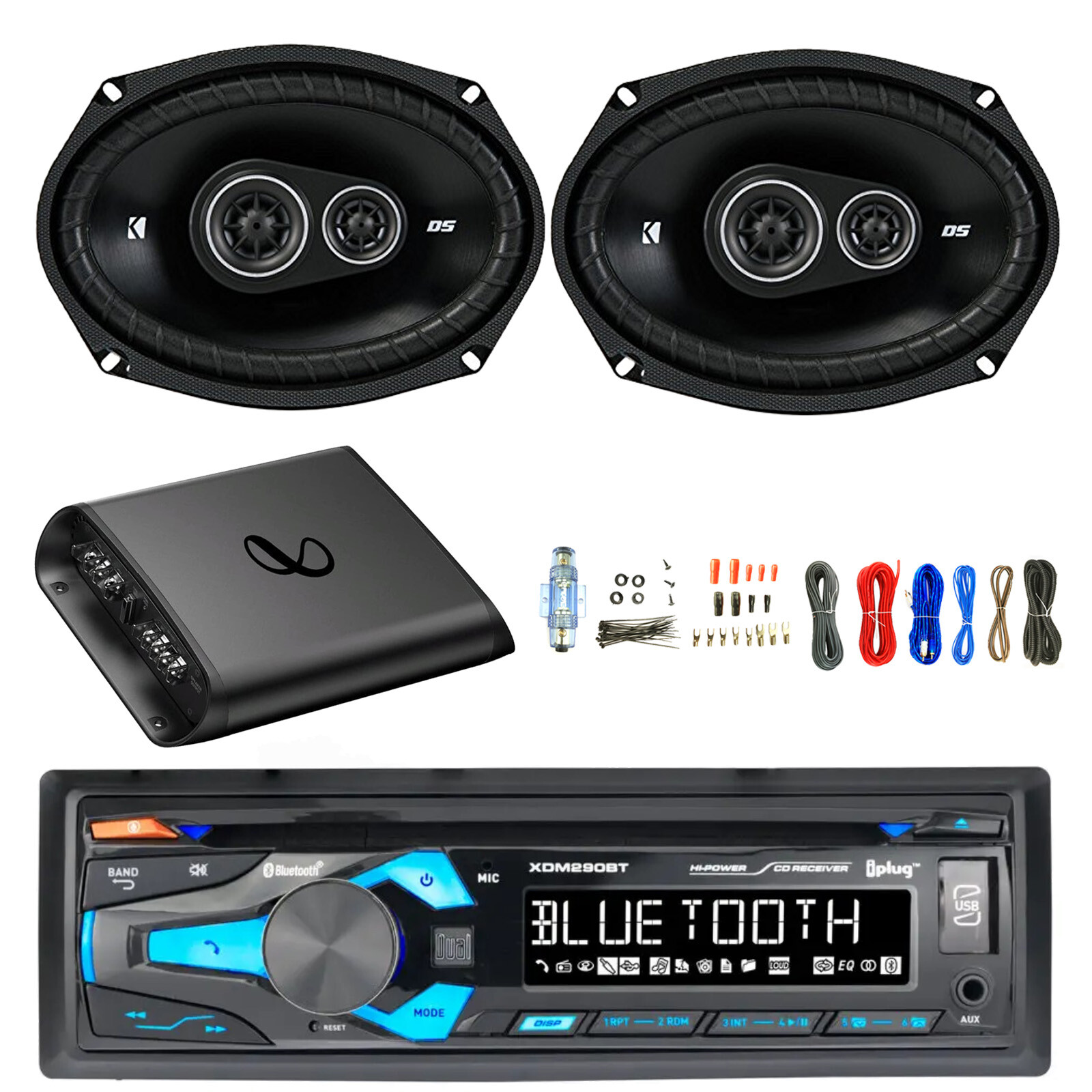In-Dash Bluetooth AM/FM MP3 CD Stereo Receiver, 2x 6×9″ 360W Speakers, Amp w/Kit