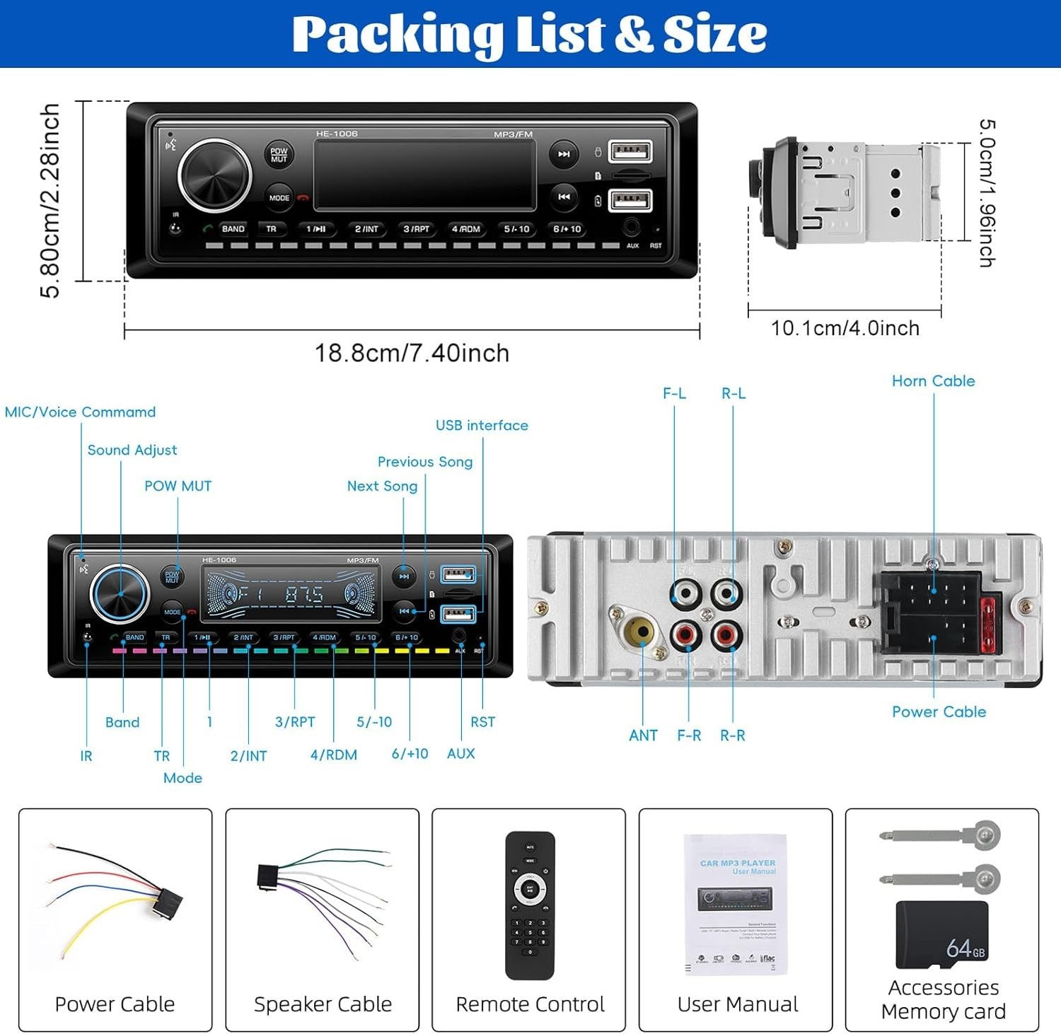 Multimedia Car Stereo with FM Radio, Quick Charge & Hands-Free Bluetooth Calling
