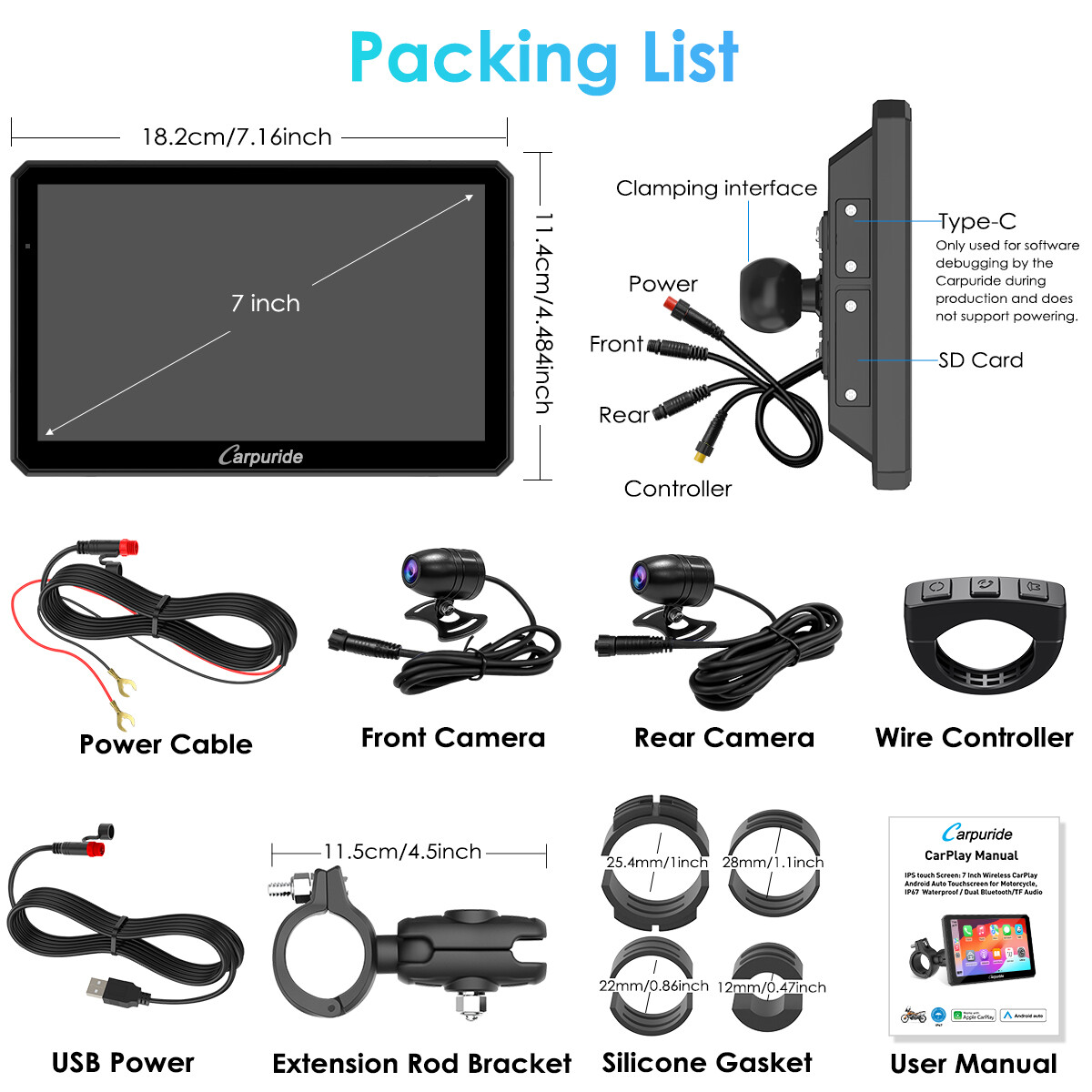 Carpuride W712D Wireless Carplay Android Auto GPS Motorcycle Stereo Waterproof