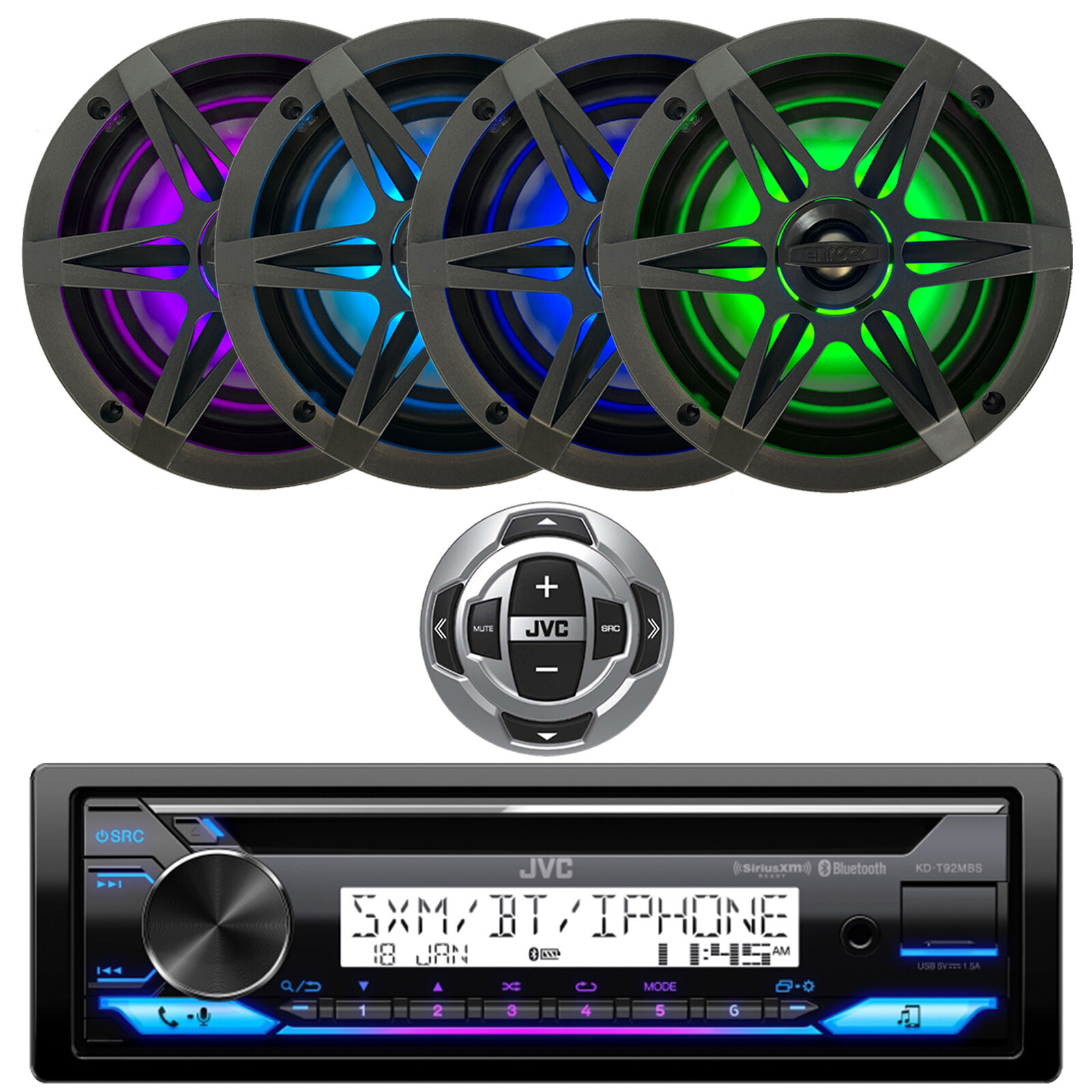 JVC Single DIN CD Bluetooth Receiver, 4x LED 6.5″ 120W Speakers w/Grille, Remote