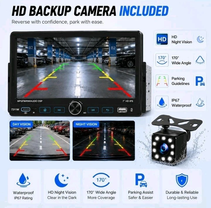 7″ Single 1Din Car Stereo Radio USB BT Wireless Android auto Carplay BT + Camera