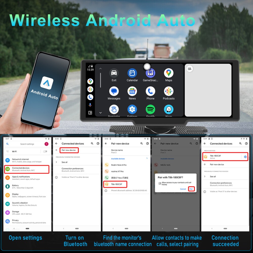 10.26″ 2K Portable Car Wireless Apple CarPlay Android Auto Touch Screen BT Radio