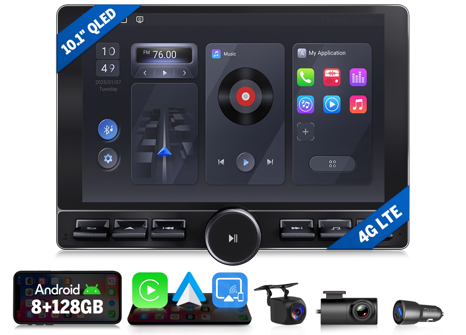 CAM+DVR+Android 10.1″ QLED 8+128GB Double DIN Car Stereo Radio Apple CarPlay GPS