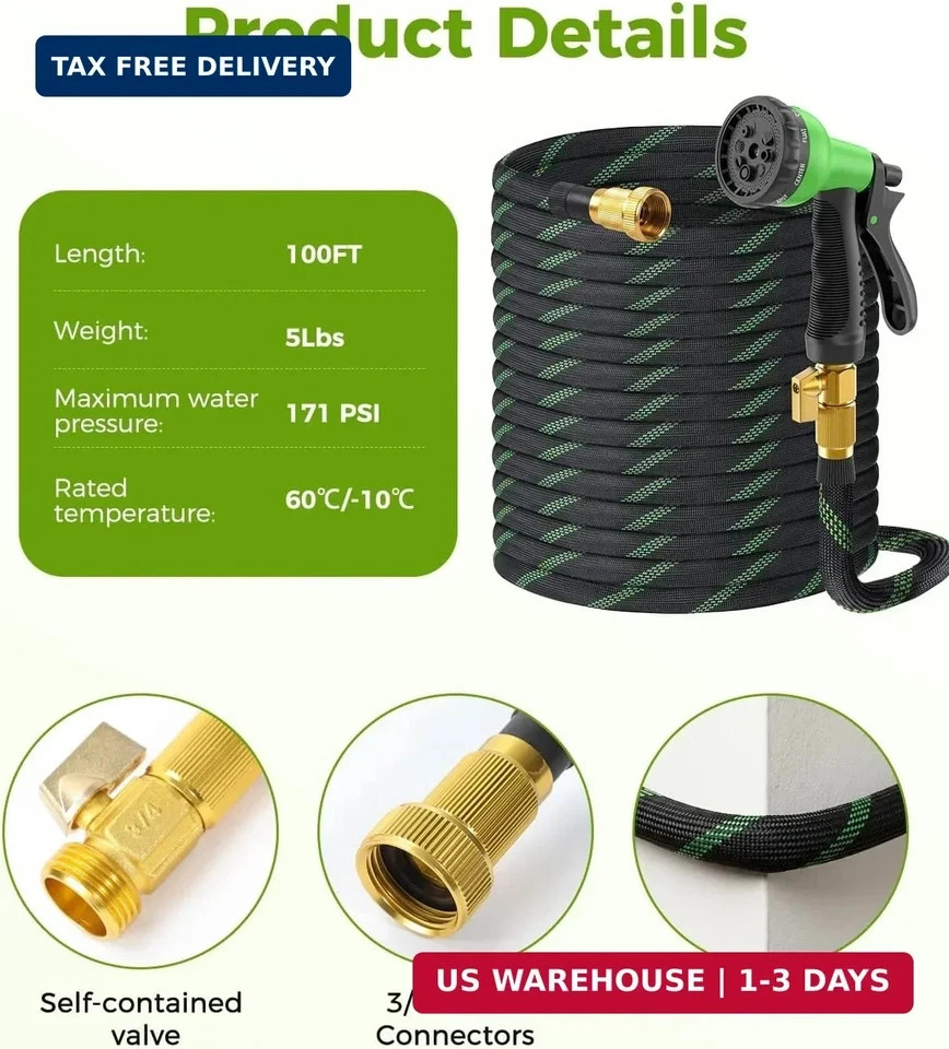 100ft Garden Hose, Non-Expandable Water Hose with 8 Function Spray Nozzle, Light