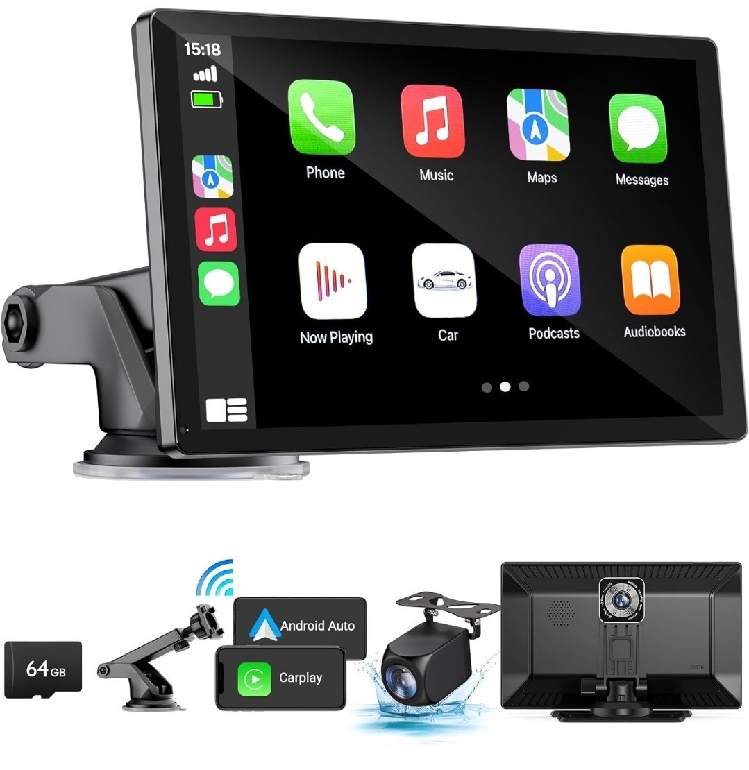 Wireless Apple Carplay Screen for Car 4K Dash Cam, 9″ Portable Carplay