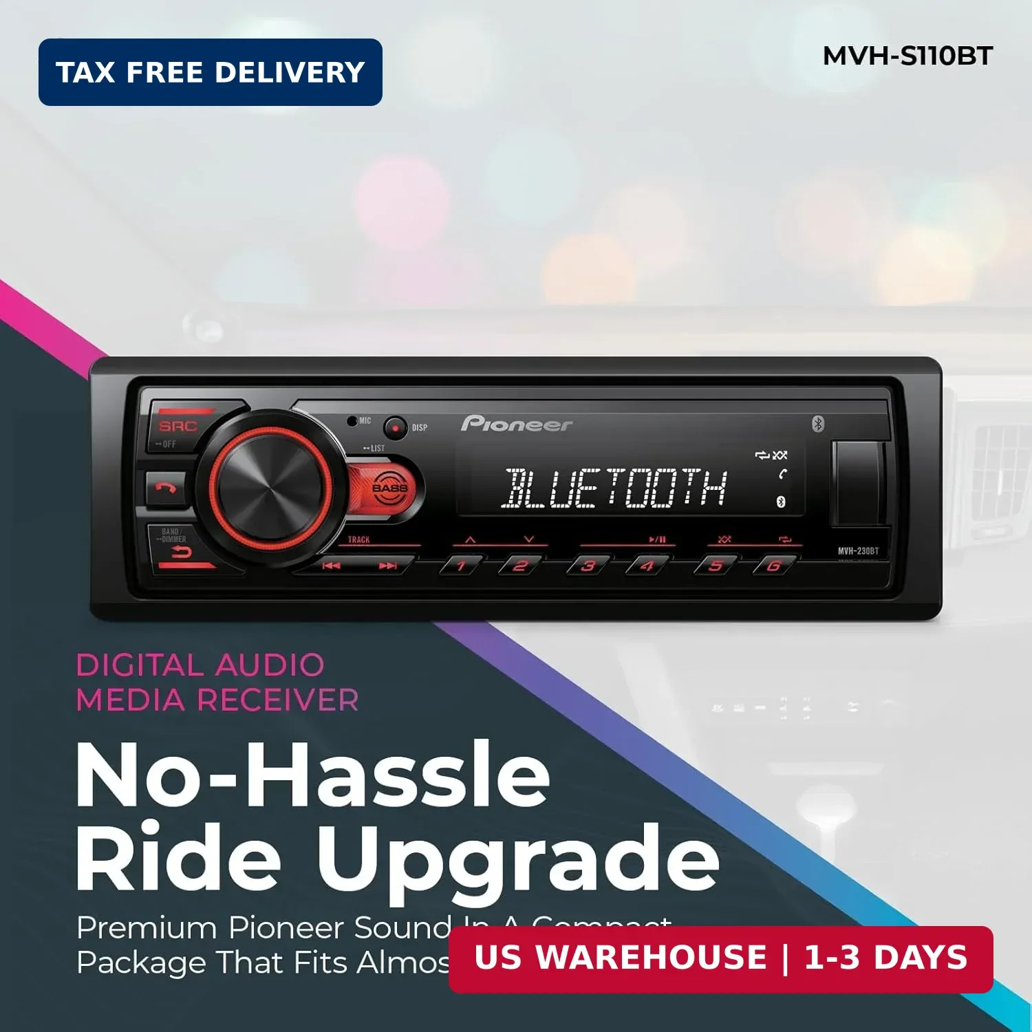 Pioneer MVH-S110BT 1-Din Digital Media Receiver Car Stereo – Bluetooth, USB Inpu