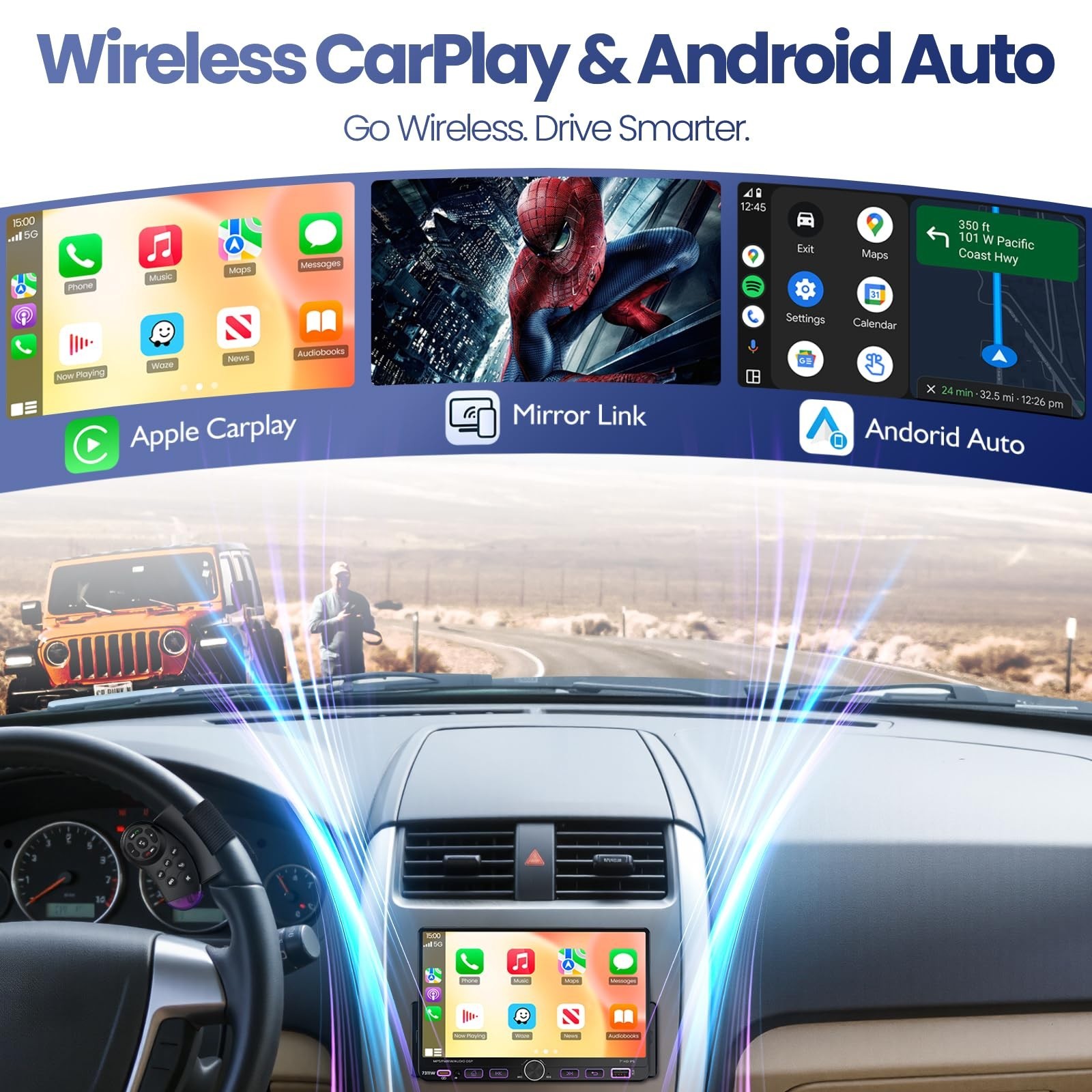 7″ Single Din Car Stereo with Apple CarPlay, Android Auto, Bluetooth 5.3, GPS, 1