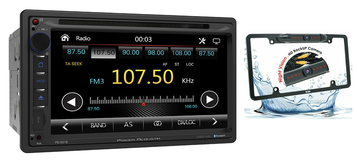 Power Acoustik PD-651B Double DIN DVD/CD, AM/FM Receiver +License Plate Rear Cam