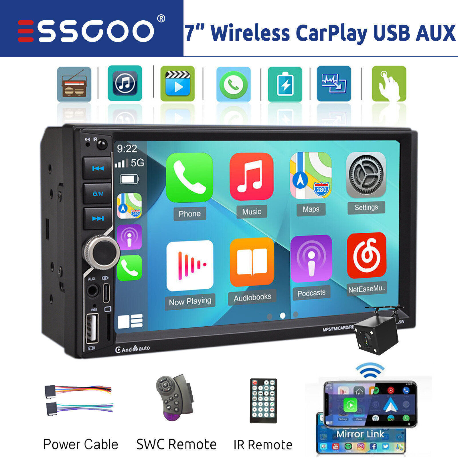 7″ Double 2Din Car Stereo Radio Apple/Android Carplay Bluetooth Touch Screen CAM