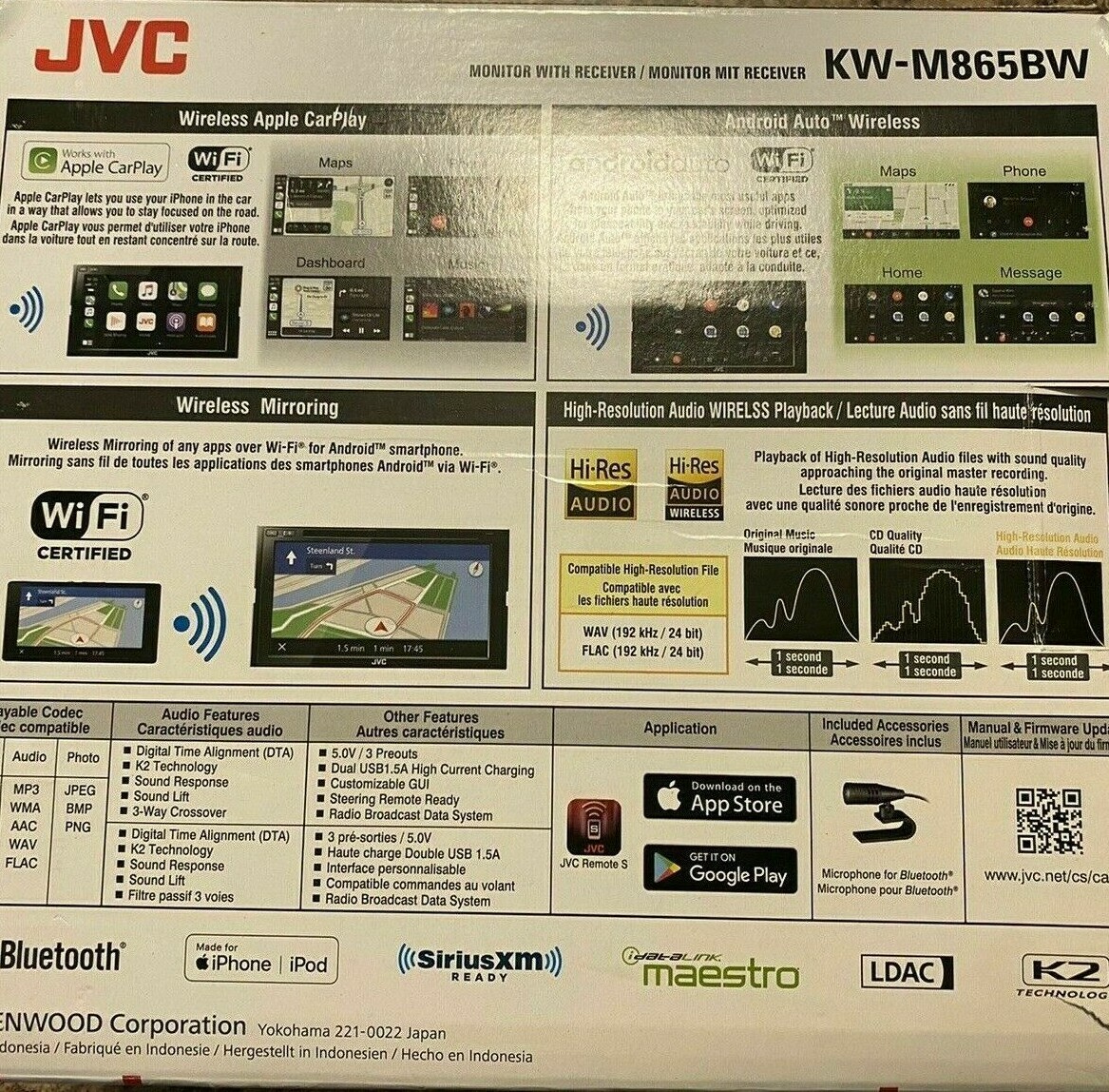 JVC KW-M865BW Wireless Android Auto Apple CarPlay Multimedia Bluetooth Wi-Fi USB