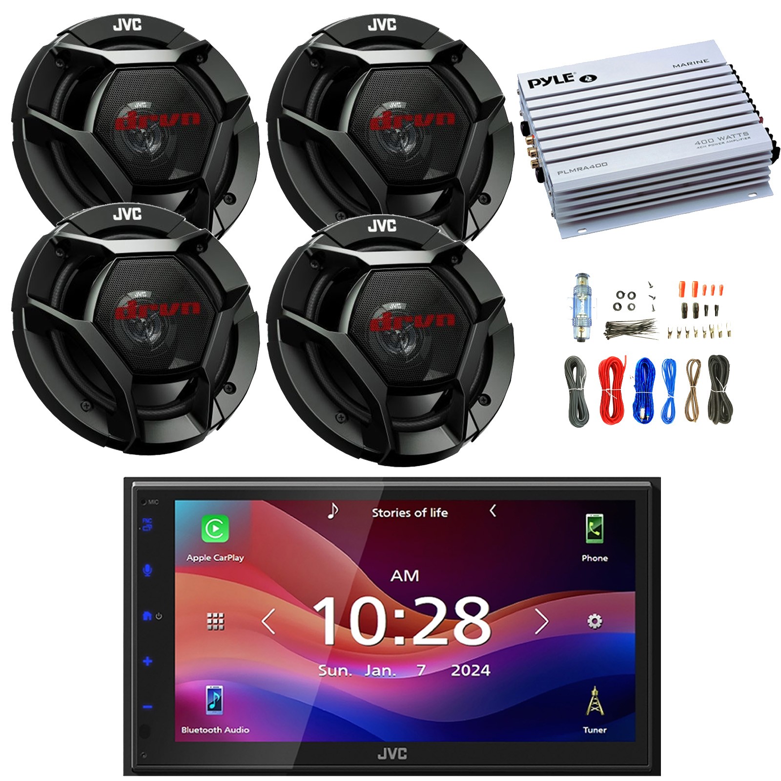JVC 1-DIN Bluetooth MP3 Radio, 4x 6.5″ 300W Max Speakers, 4 Channel Amplifier