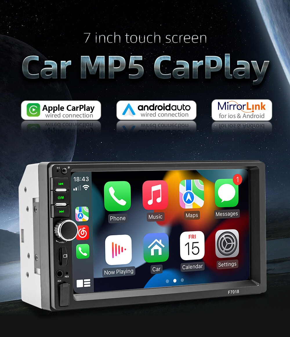 7in Car Stereo Radio Touch Screen 2DIN MP5 Wired Carplay W/8LED Rearview Camera