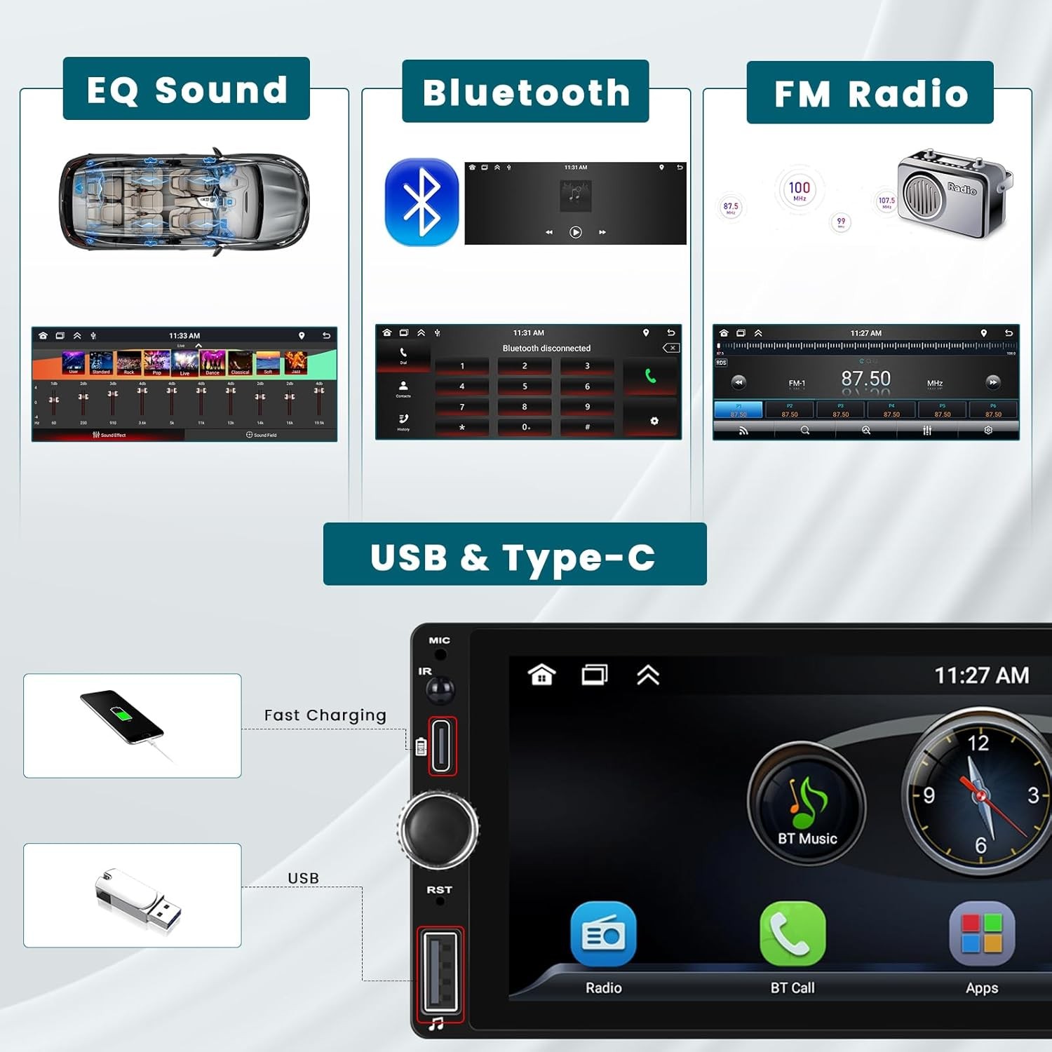 6.86″ Single Din Car Stereo Radio Apple CarPlay BT USB/Type-C FM +MIC & Camera
