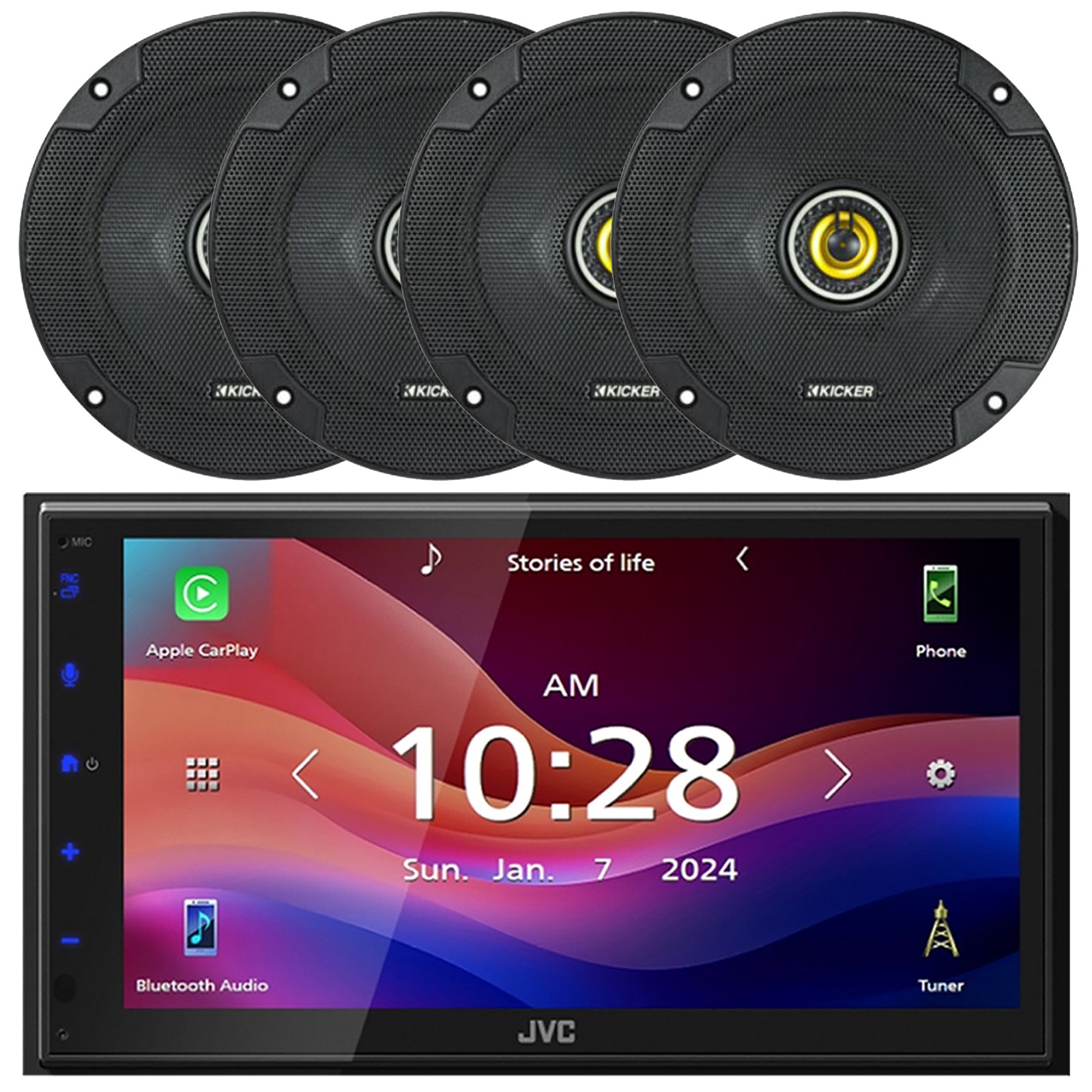 JVC Single-Din Bluetooth MP3 Receiver, 4x 6.5″ 300W Peak Coaxial Car Speakers
