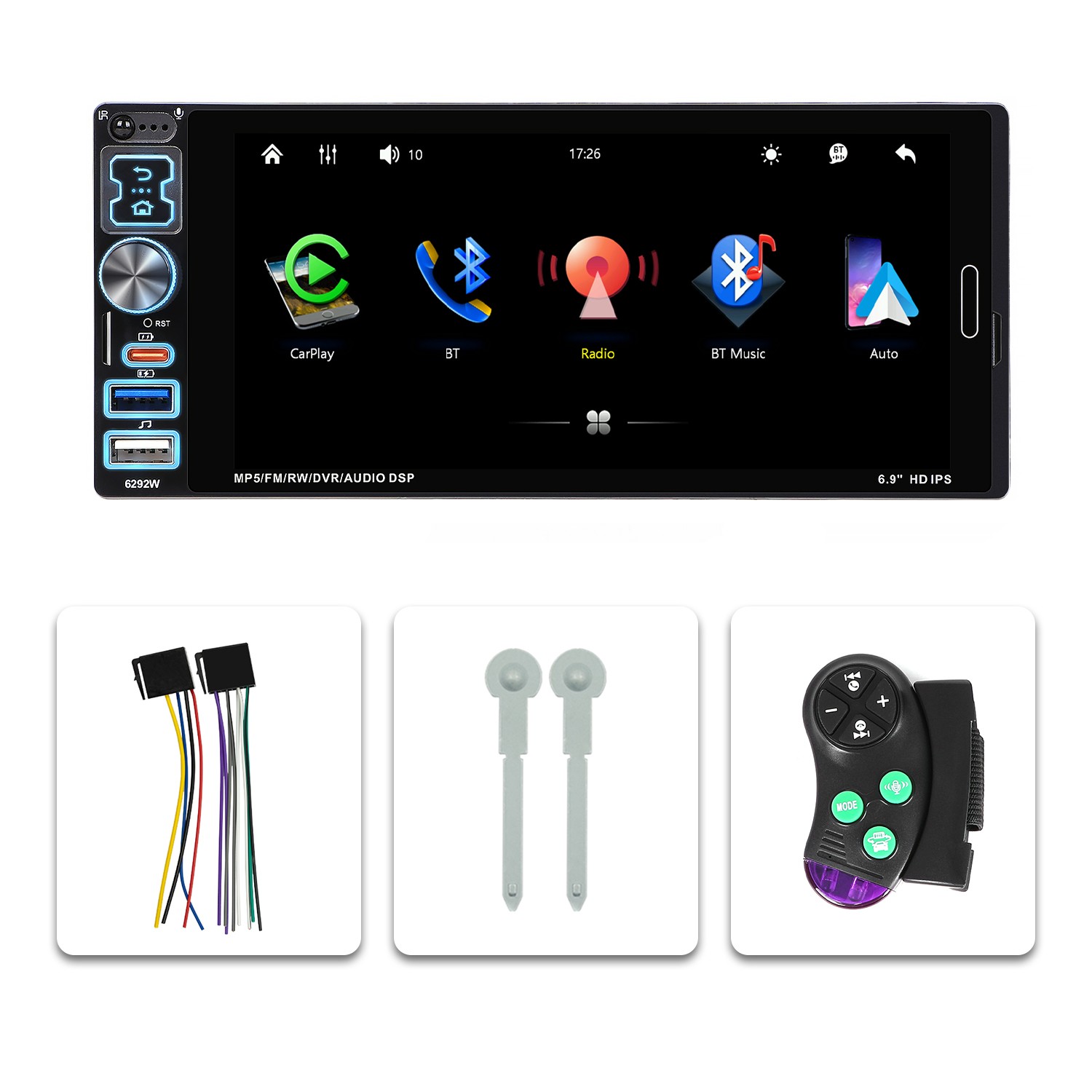 6.8″ Single Din Car Stereo Wireless CarPlay touchscreen Bluetooth Radio USB CAM