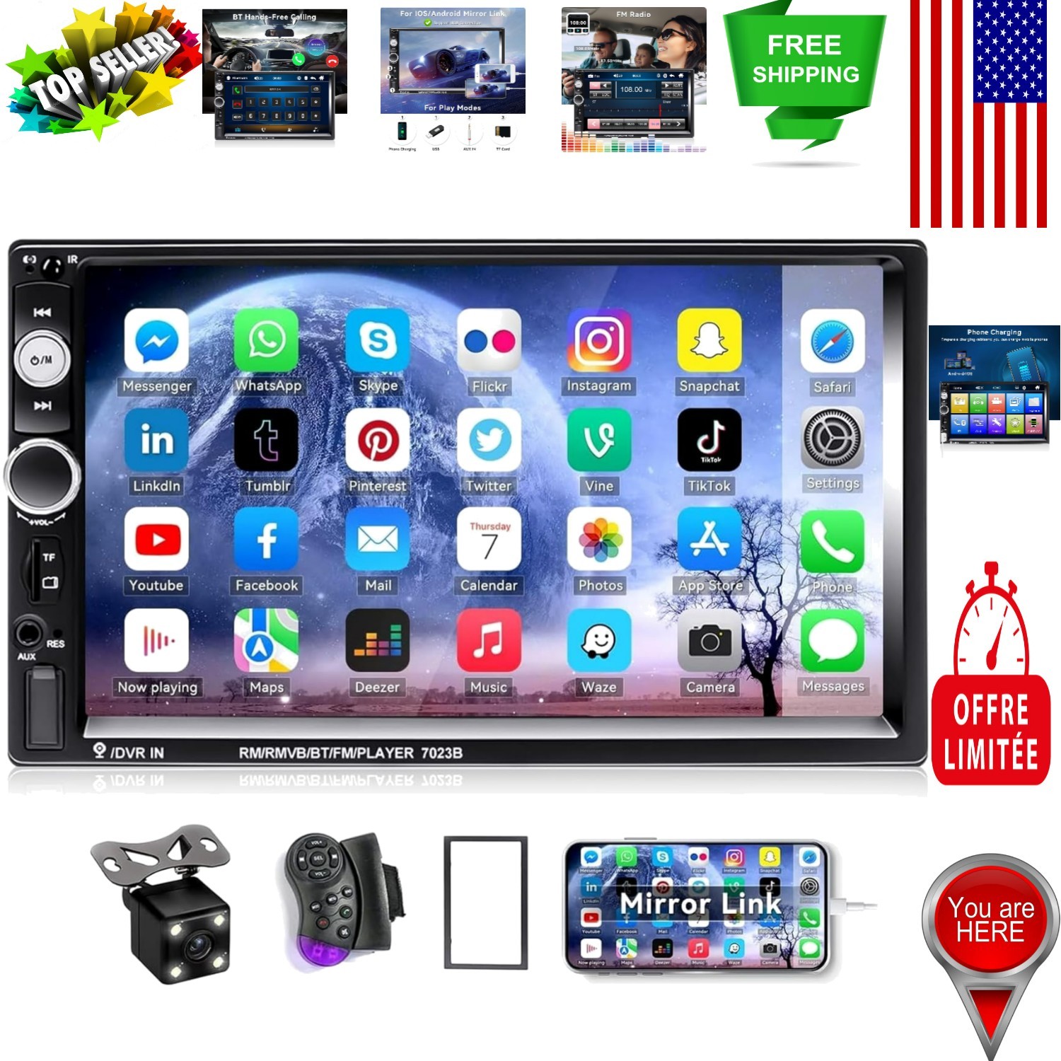 7-Inch Touchscreen Car Audio System with Bluetooth & Backup Camera Integration