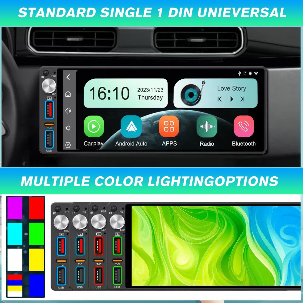Single 1 Din Car Stereo Apple CarPlay 6.9” touchscreen Bluetooth Radio SWC USB