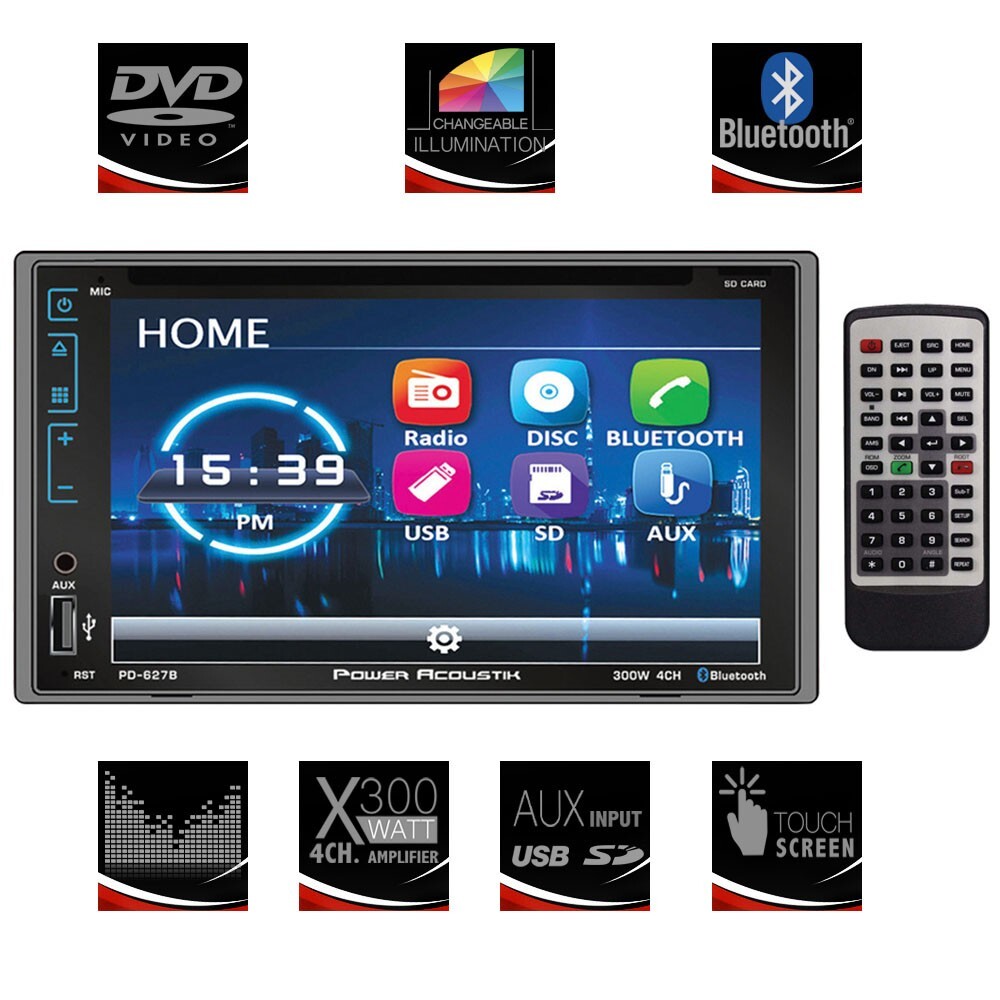 POWER ACOUSTIK PD-627B 6.2-INCH TOUCHSCREEN DVD CD/MP3 CAR STEREO AND BLUETOOTH