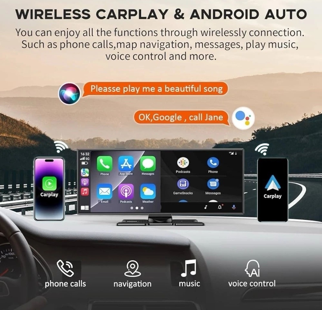 11″ Portable Carplay Screen for Car, 4K Wireless Car Play & Android Auto