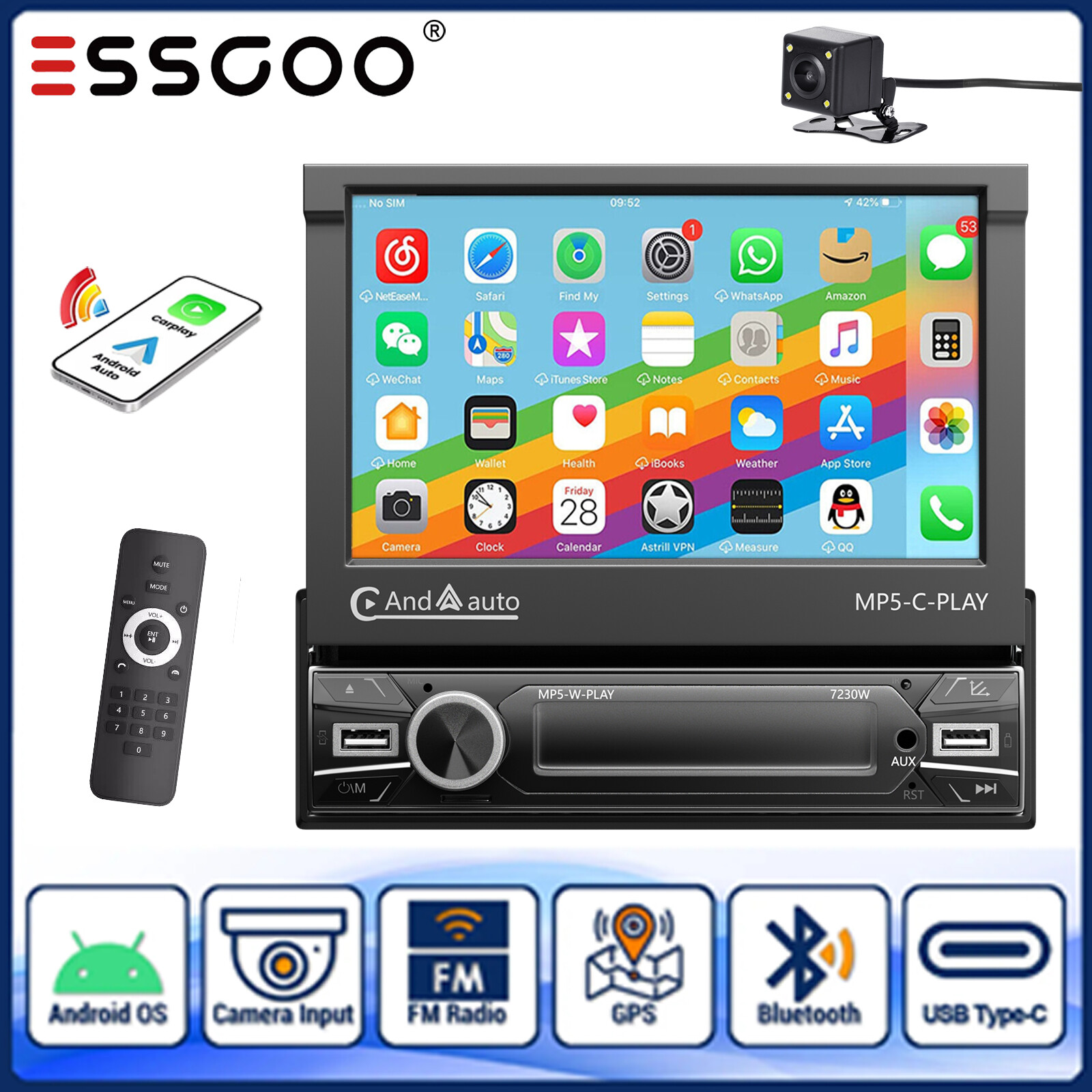 7″ 1 DIN Car Radio Stereo Carplay Touch Screen Flip Out Player MP5 Bluetooth+CAM