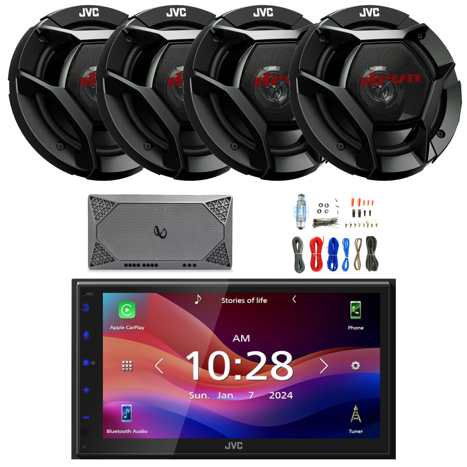 JVC Single-DIN Bluetooth MP3 Receiver, 4x 6.5″ Speakers, 4 Channel Amplifier