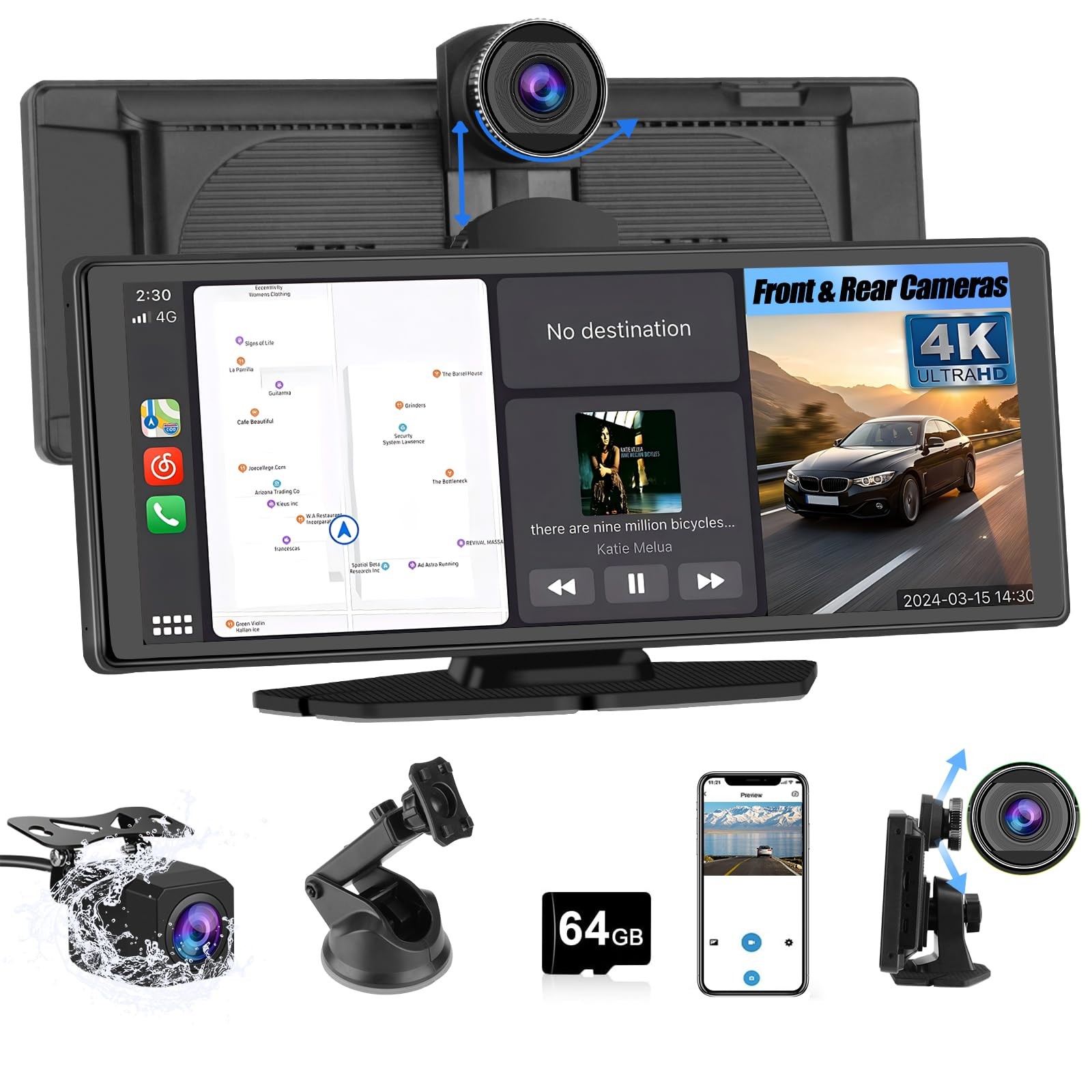 Portable Wireless CarPlay Screen for Car with 4K Dash Cam+1080P Backup Camera…