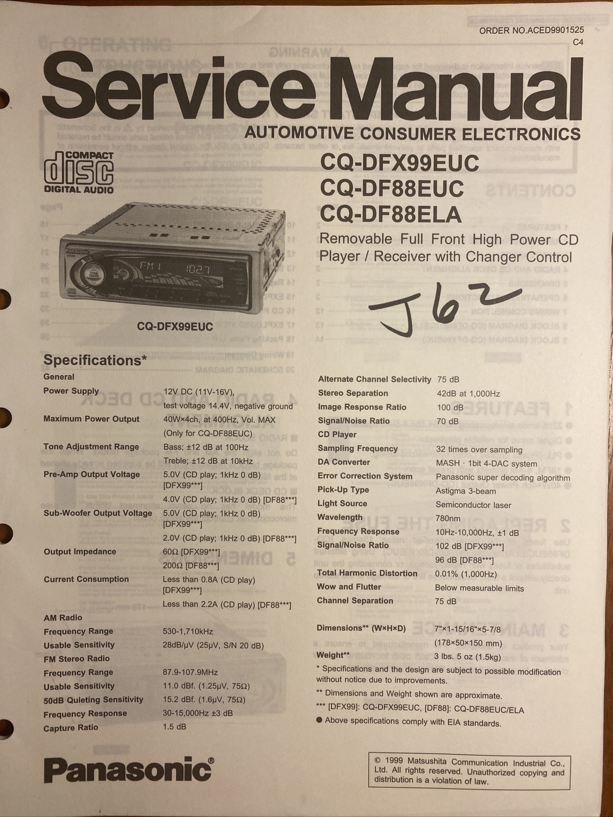 Panasonic CQ-DFX99EUCCQ-DF88ELA CQ-DF88EUC CD Player Original Service Manual