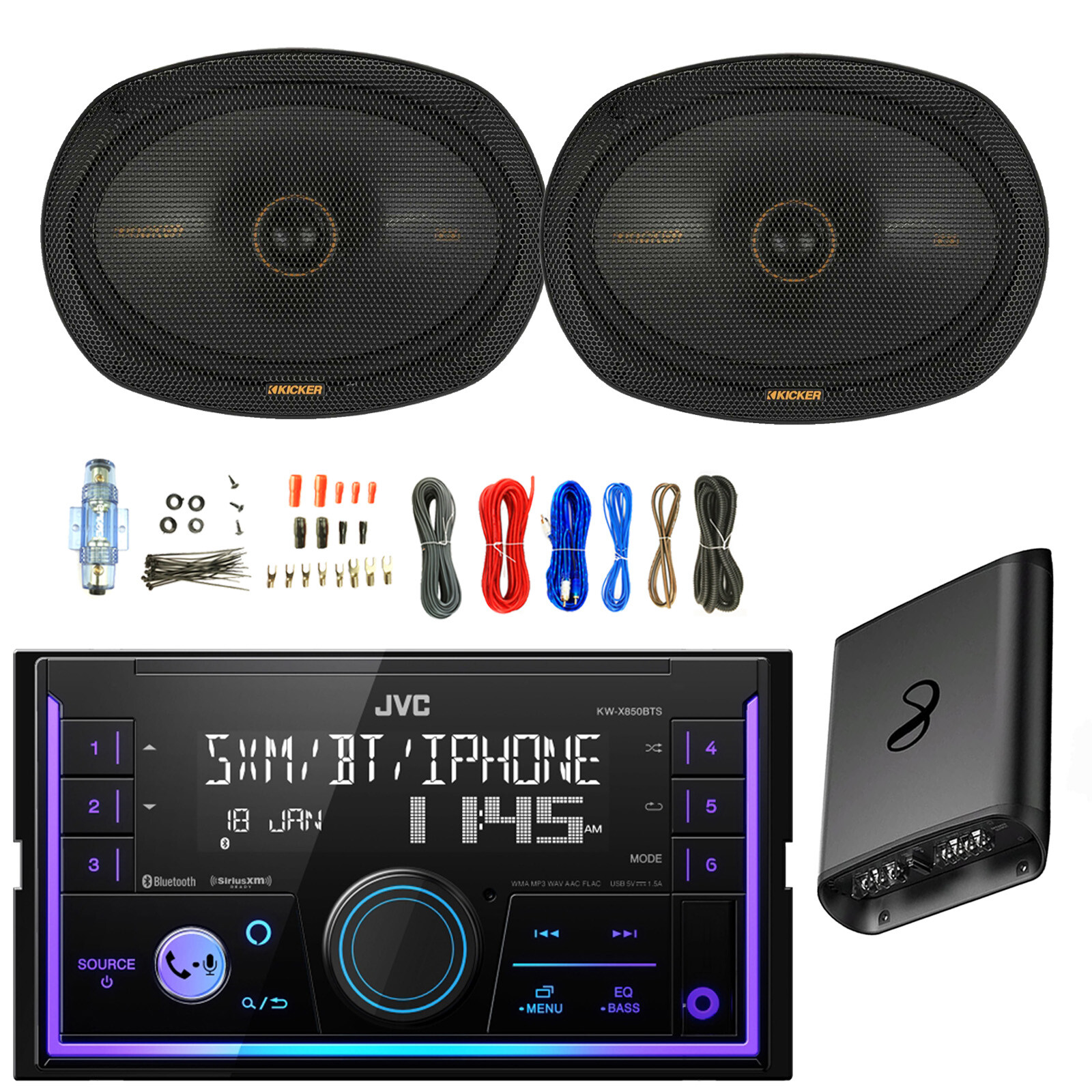 JVC Double DIN Bluetooth AM/FM Radio Receiver, 2x 6×9″ 300W Speakers, Amp w/Kit