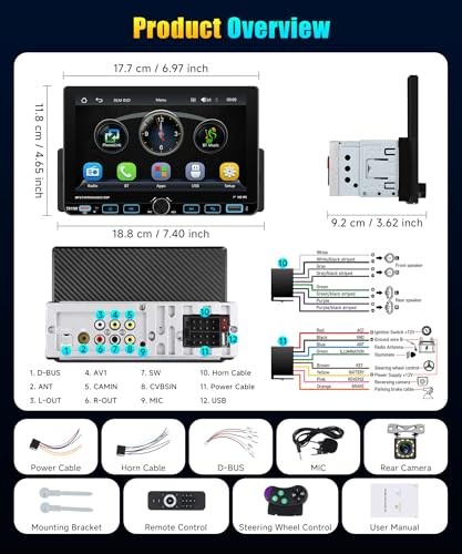 Single DIN Car Stereo with Wireless CarPlay & Android Auto, 7-Inch Touchscreen