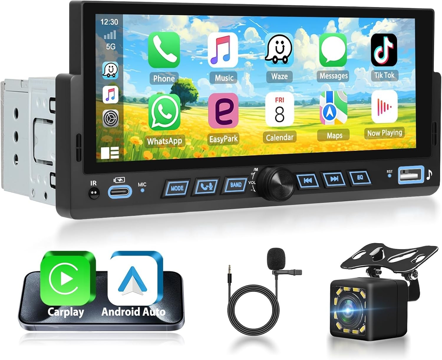 6.86″ Android CarPlay Stereo, Single Din Car Radio with Android Auto, HD Touc…