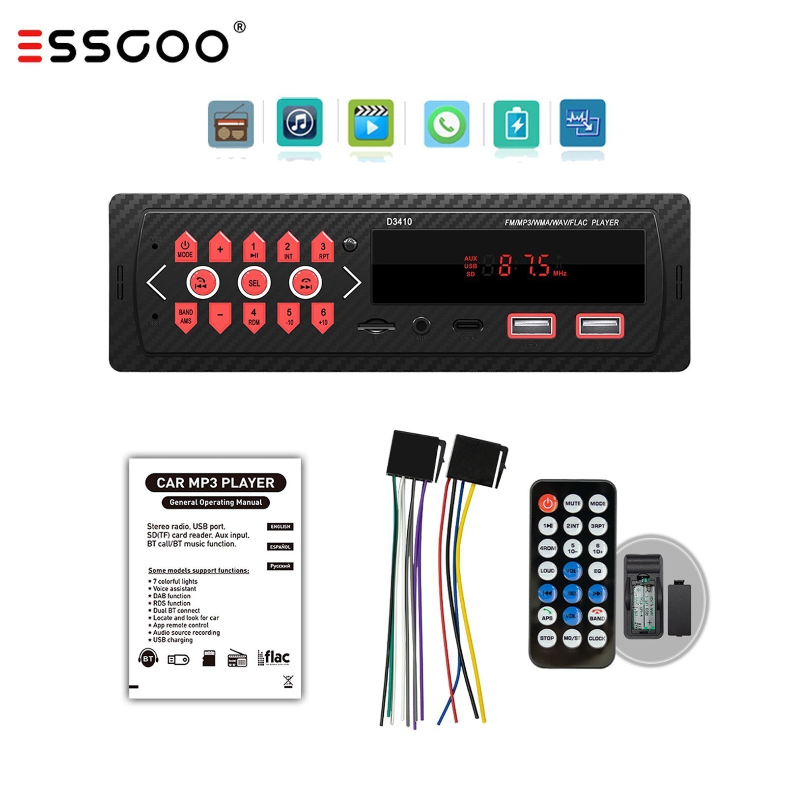Car MP3 Player Stereo Audio In-Dash BTCall USB*2 Bluetooth FM Receiver Aux Input