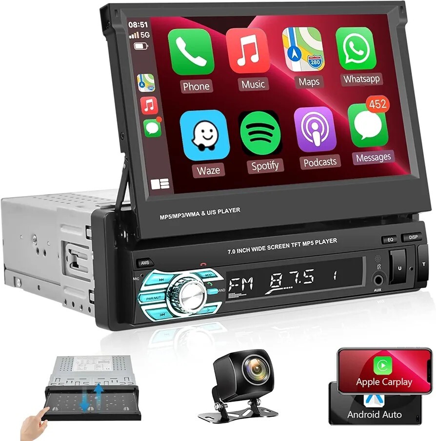 7” Single Din Car Audio Foldable HD Touchscreen Radio Multimedia System