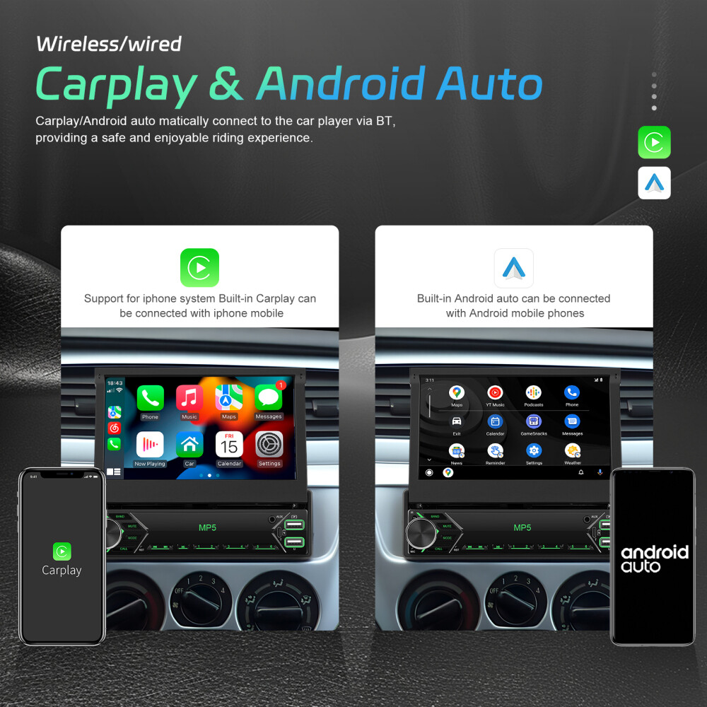 Single 1DIN 7″ Car Stereo Radio Carplay Android Auto Flip Out Touch Screen + Cam