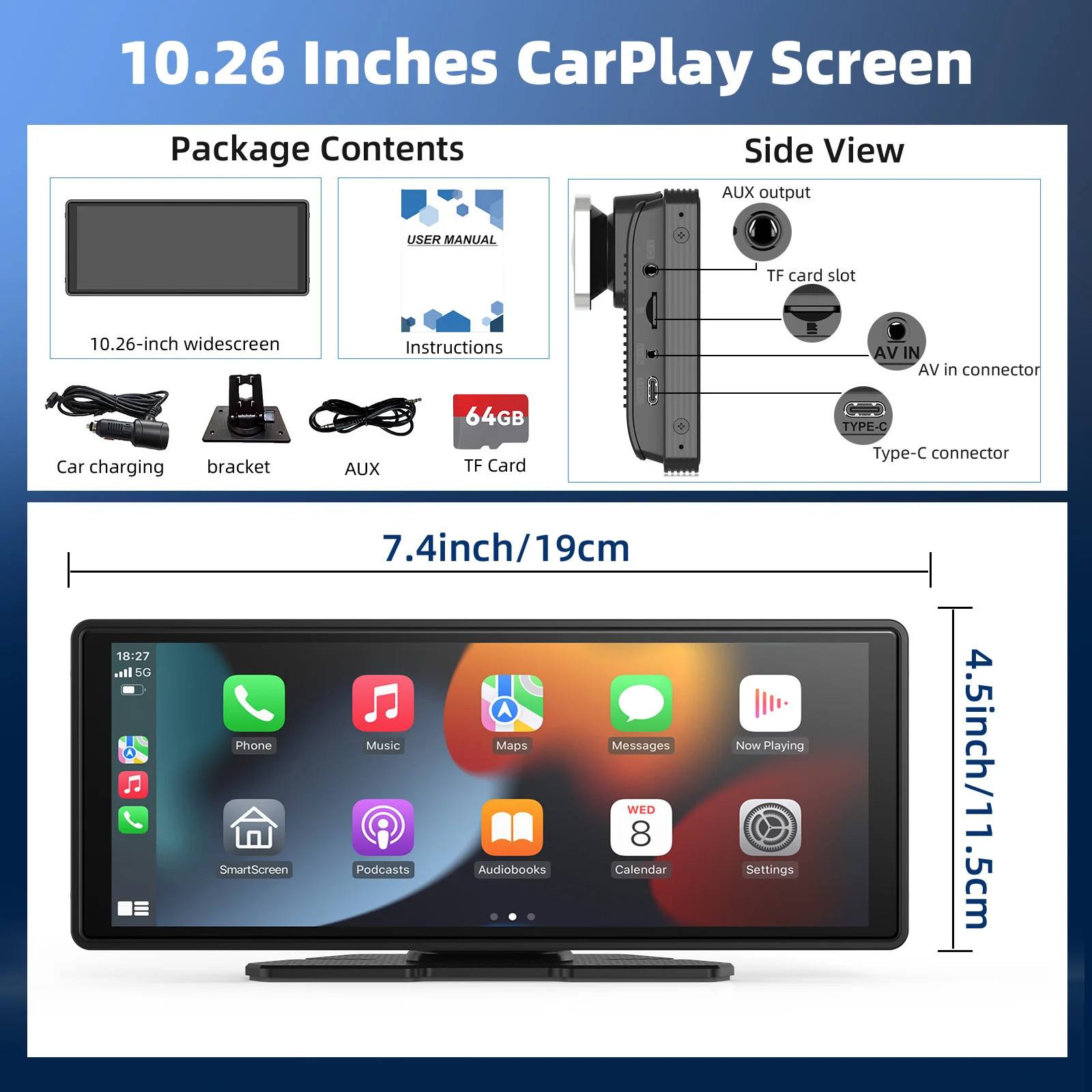 Portable Wireless Carplay Car Stereo, 10.26″ inch HD Touchscreen for Car with Ca