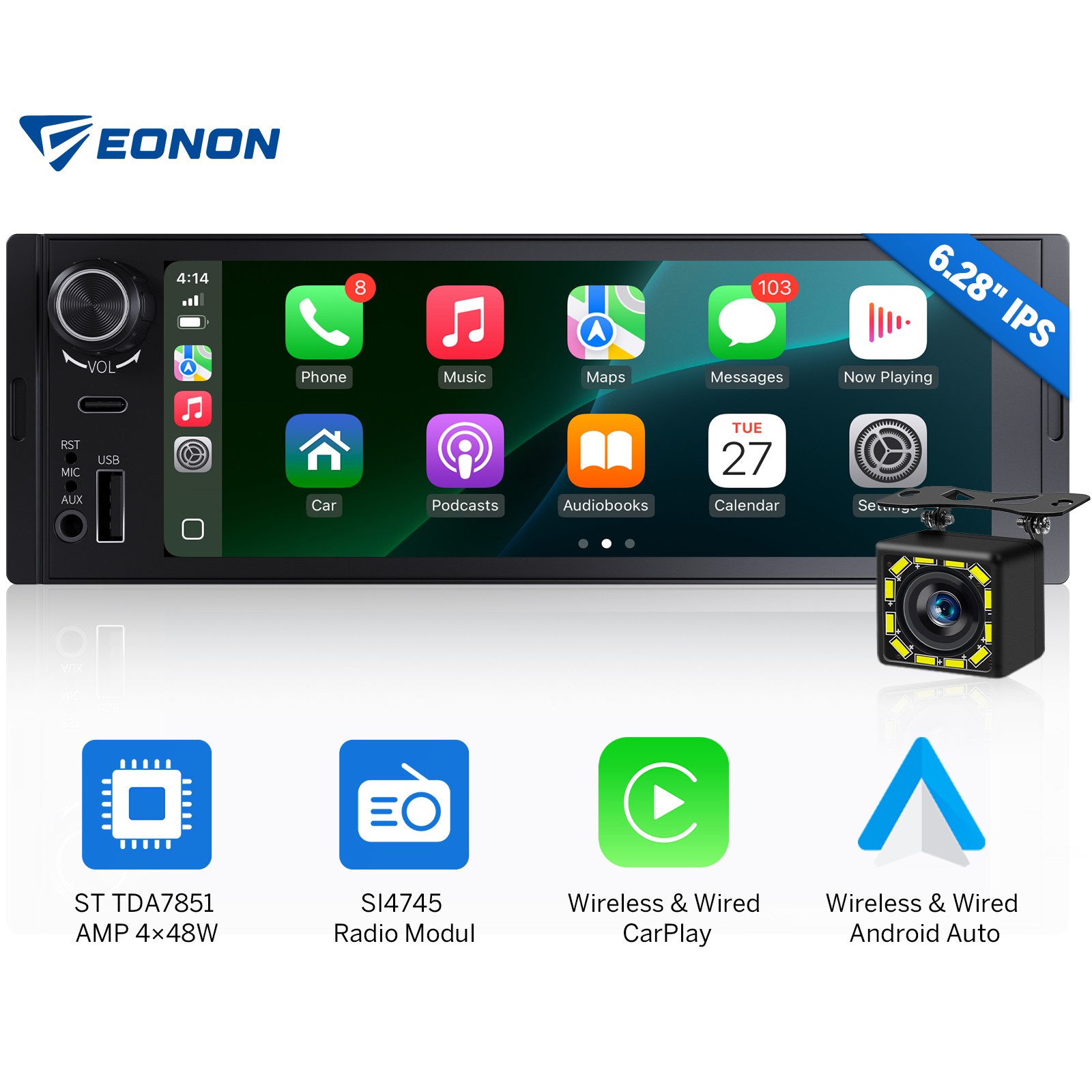 6.28″ Single DIN Car Stereo Wireless CarPlay Android Auto AM/FM GPS USB Headunit