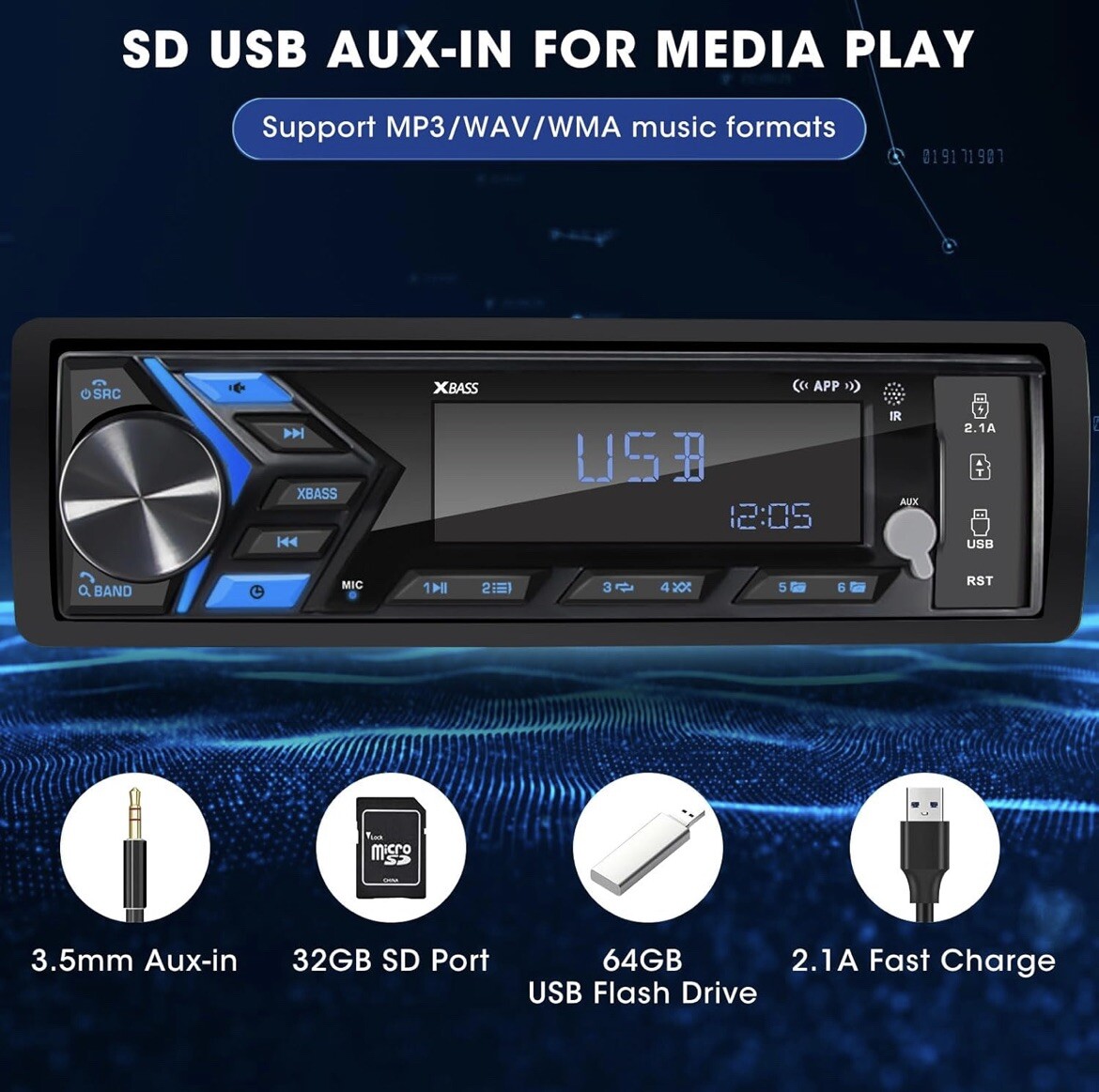 Single Din Radio Headunit Digital Media Receiver Bluetooth Dual USB Receiver