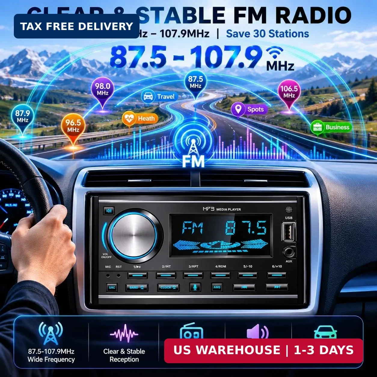 Double DIN Bluetooth Car Stereo Audio Head Unit Hand-Free FM Radio USB AUX Input