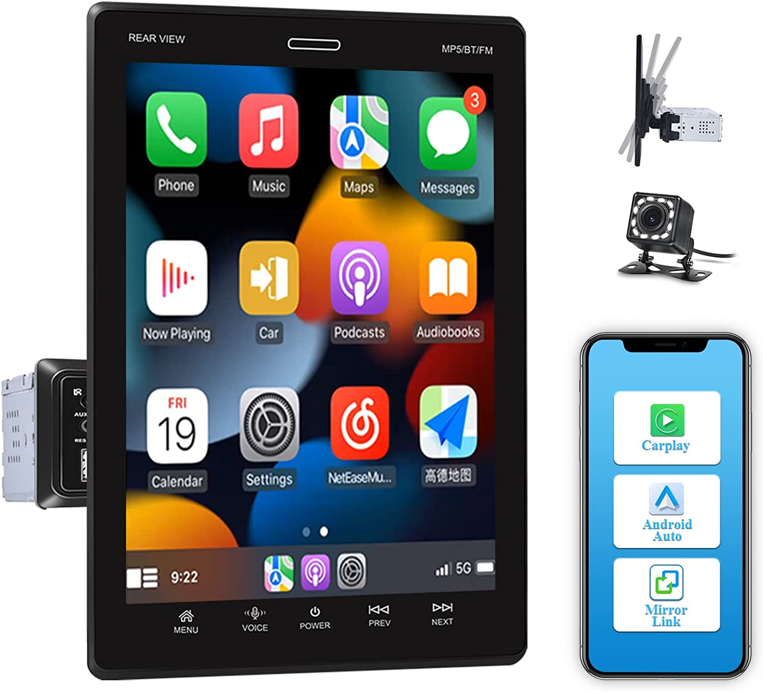 Car Play 9.5 Inch Screen SWC DVR USB AUX TF FM Radio Mirror Link Single Din 1DIN