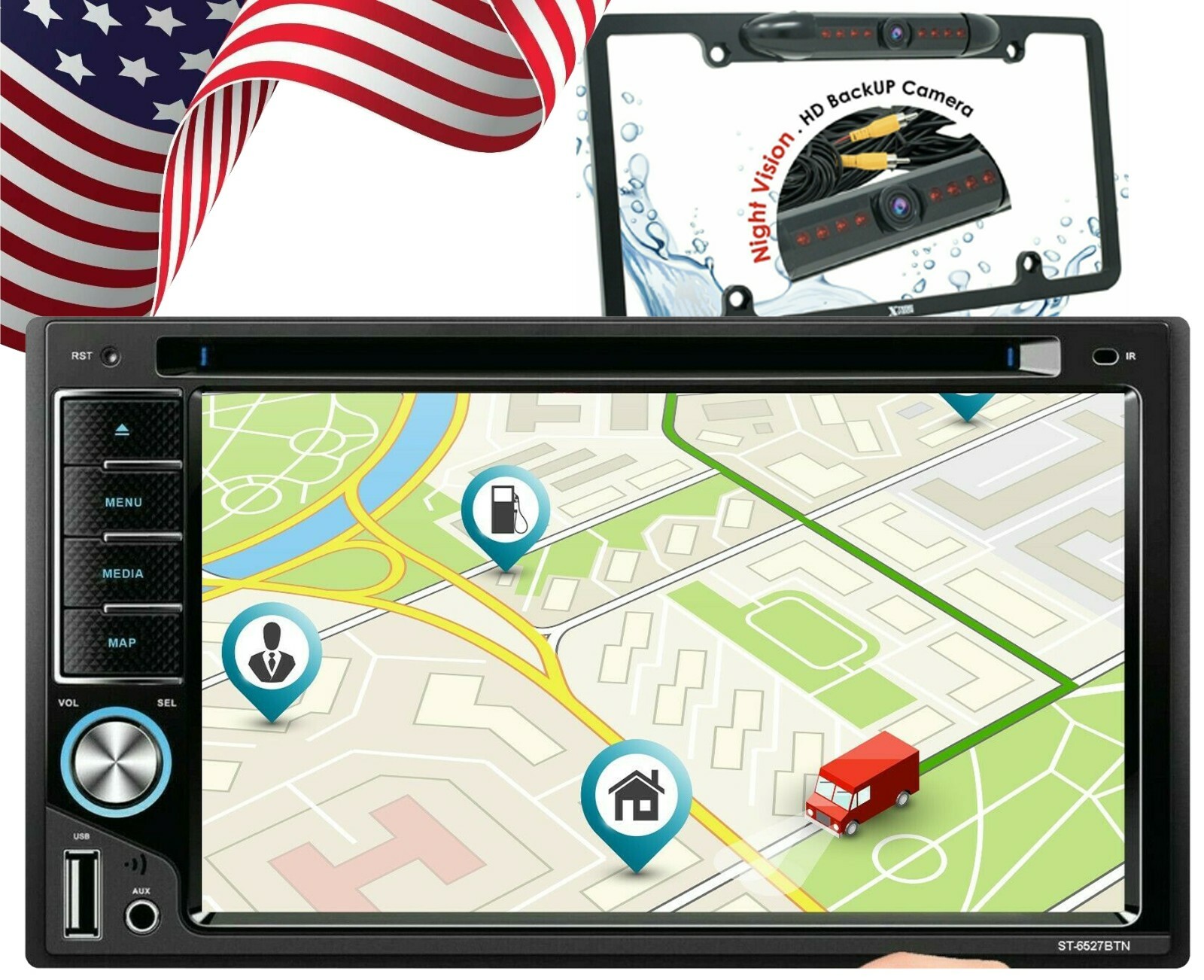 200W 6.2″ DVD CD Radio Mirror Link GPS For Android & IOS+ License Plate Rear Cam