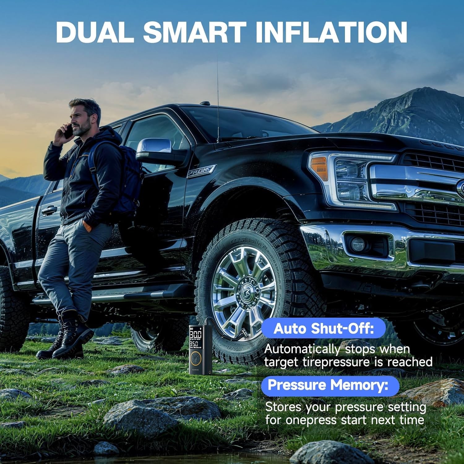 Tire Inflator Portable Air Compressor, Smart Dual Hose System, Auto Air Pump for