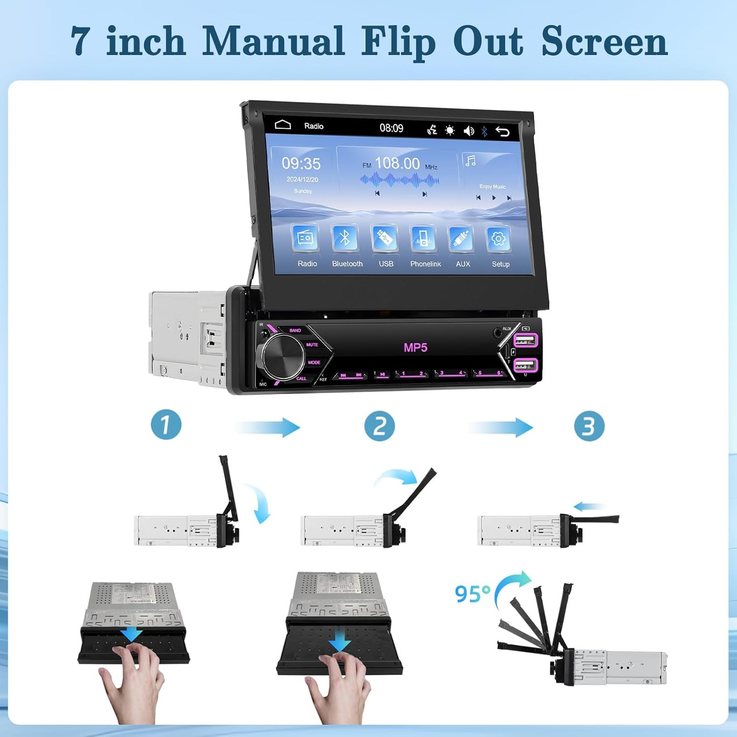 Radio estéreo para coche 1 DIN, pantalla táctil abatible, reproductor MP5,USB,BT