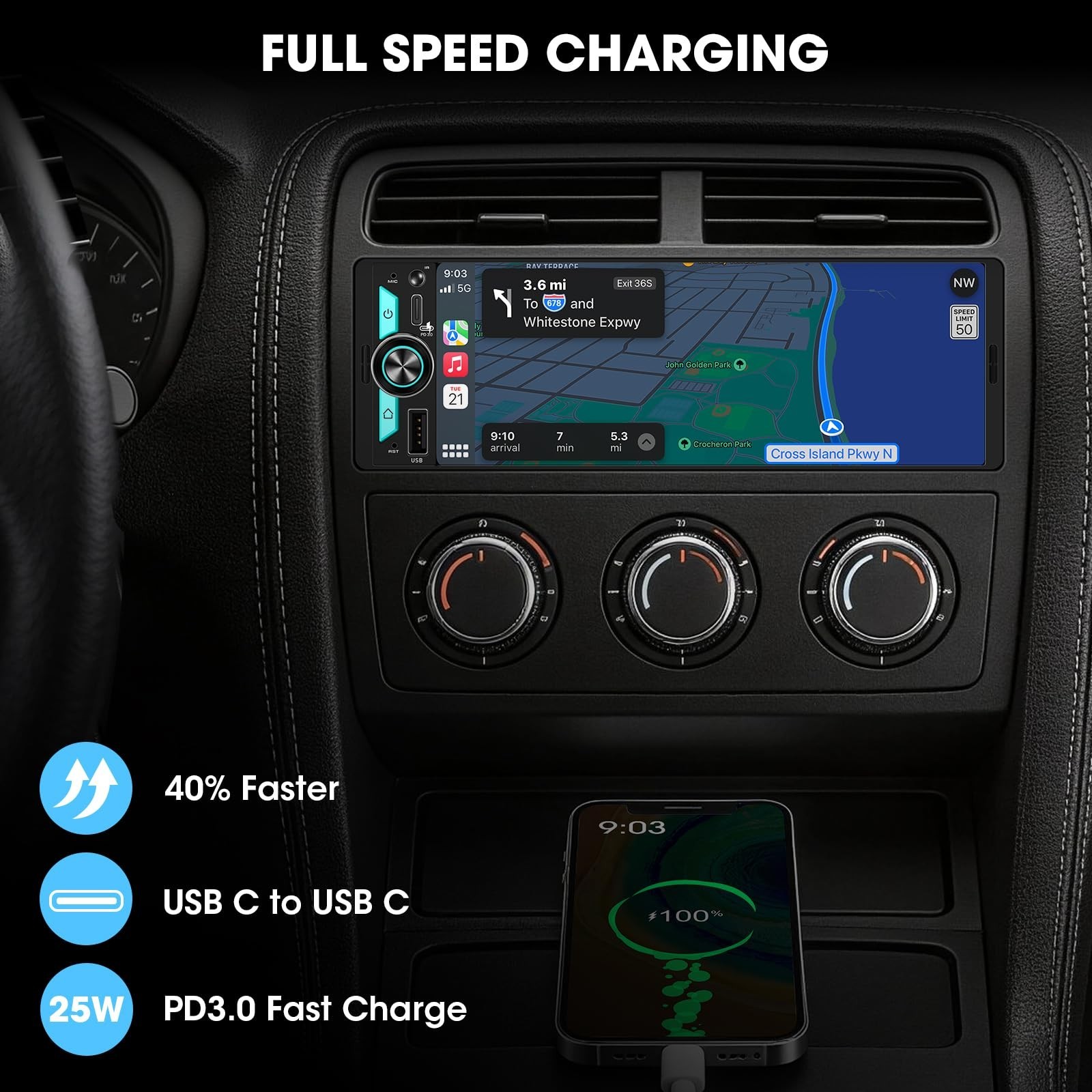6.5″ CarPlay Android Auto Stereo – Bluetooth Touchscreen, USB-C, 4.2 CHN, 2 Sub