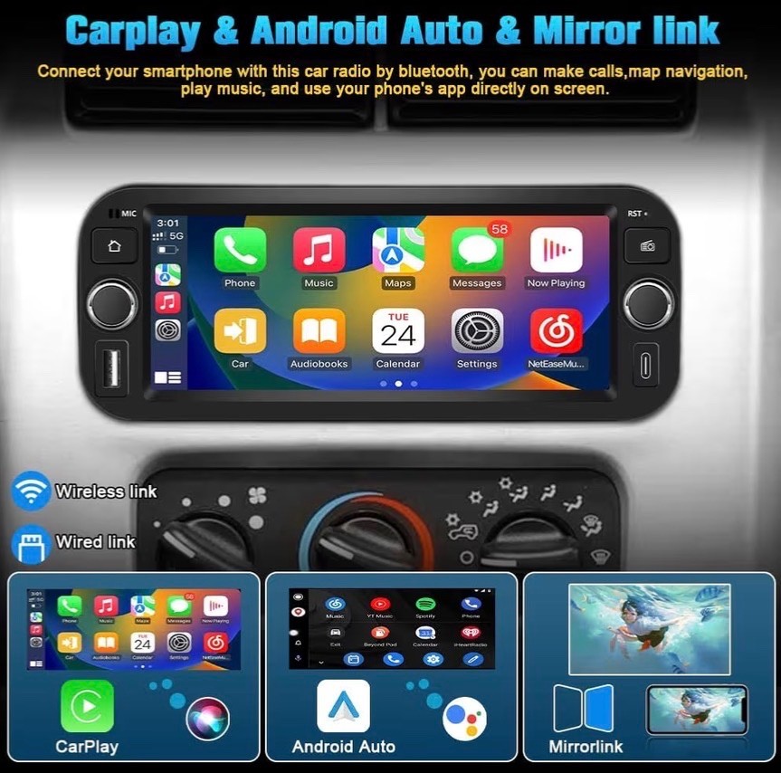 Car Stereo for Jeep Wrangler 2003-2006 Dodge RAM2002-2005 GPS 2+64GB AndroidAuto