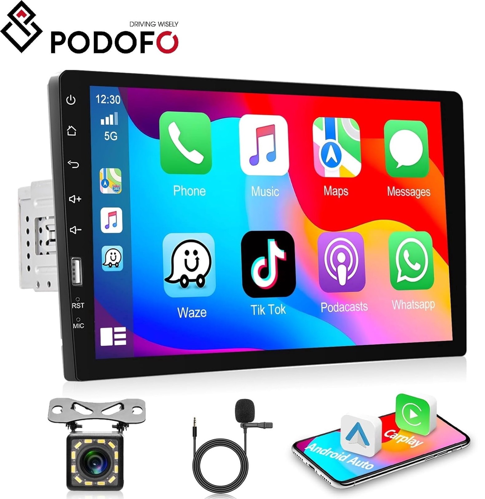 Podofo 9 in Single Din Car Stereo with Wired CarPlay, Android Auto, Mirror Link,