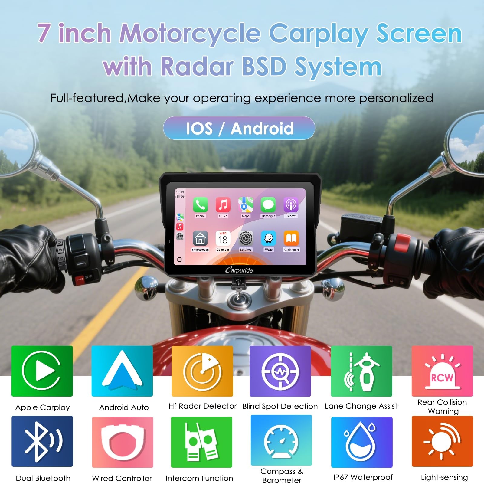Carpuride W702RSPro Moto Radar BSD Carplay Screen Wired Controller Navi GPS BM05