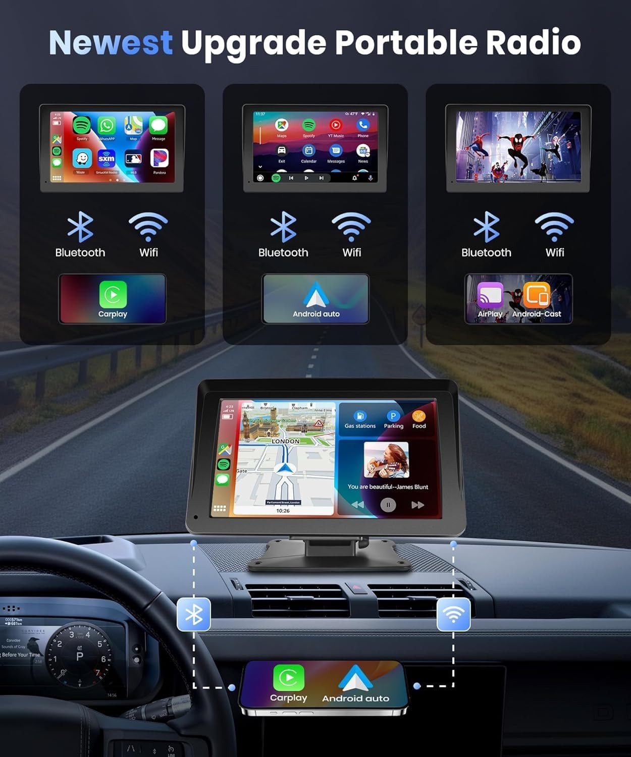 Podofo 7″ Car Stereo Wireless CarPlay Android Auto Touchscreen Radio BT AUX