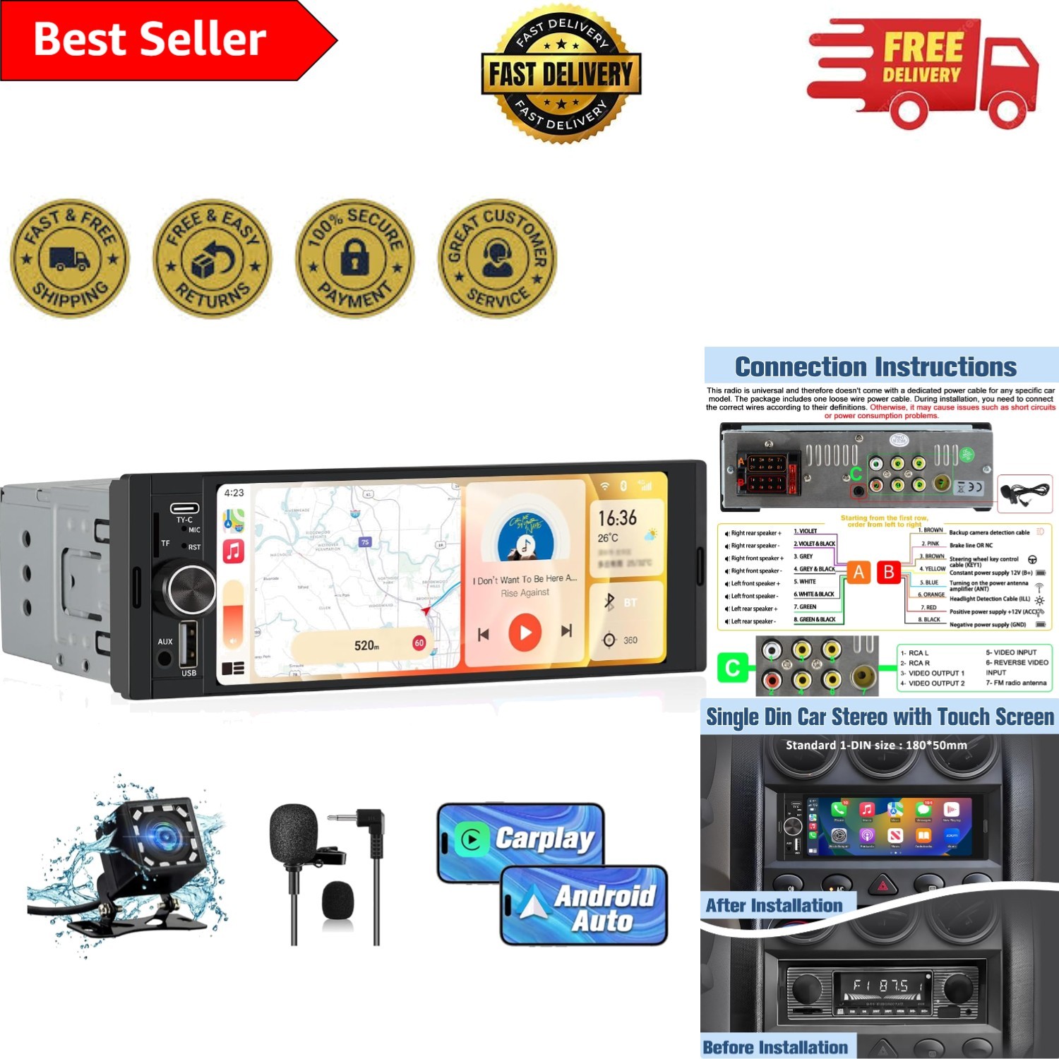 6.36 Inch IPS Touch Screen Car Stereo with Bluetooth, Backup Camera & Microphone
