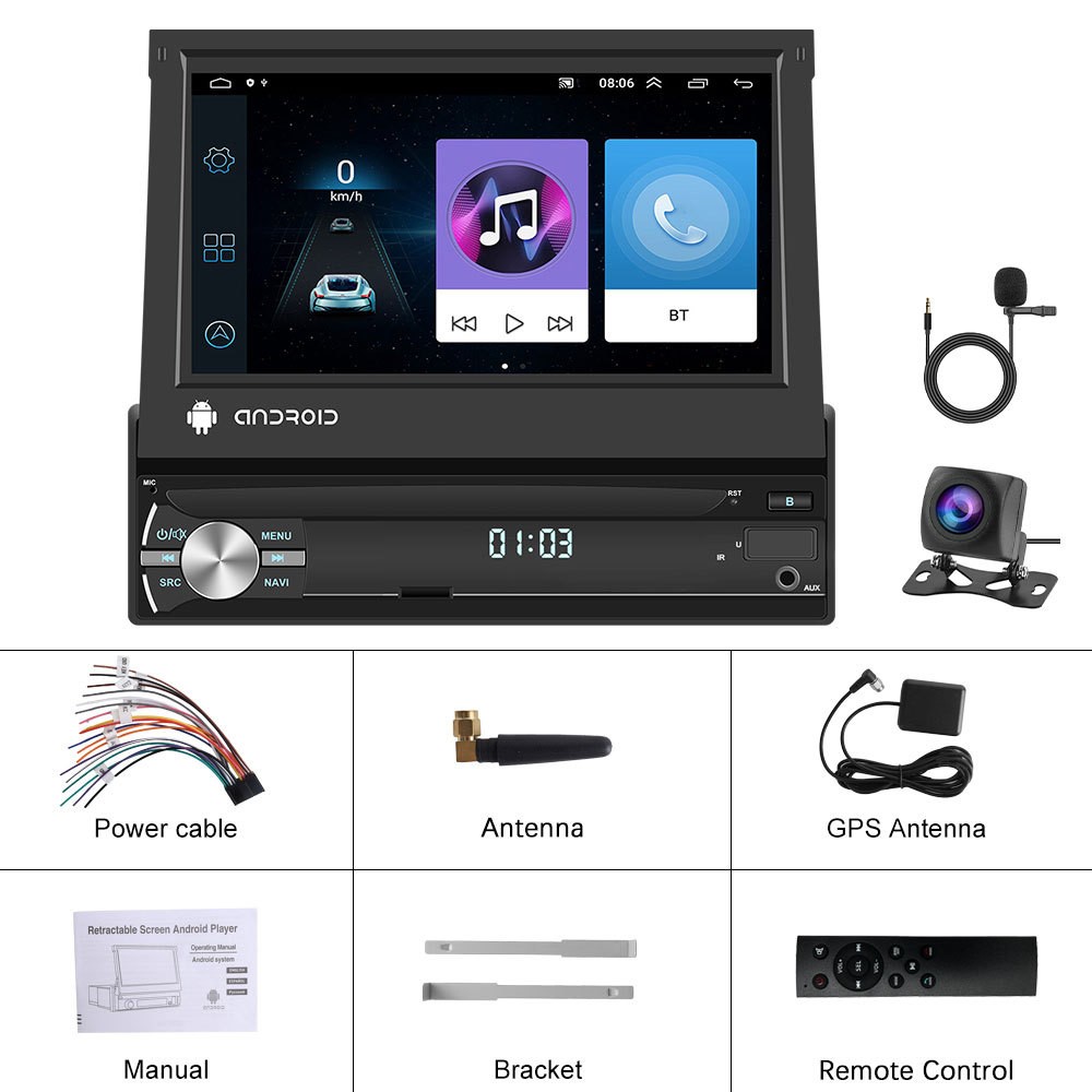 7″ Single 1Din 2+64G Android 15 Carplay Flip Out Car Stereo Radio WiFi Navi Cam