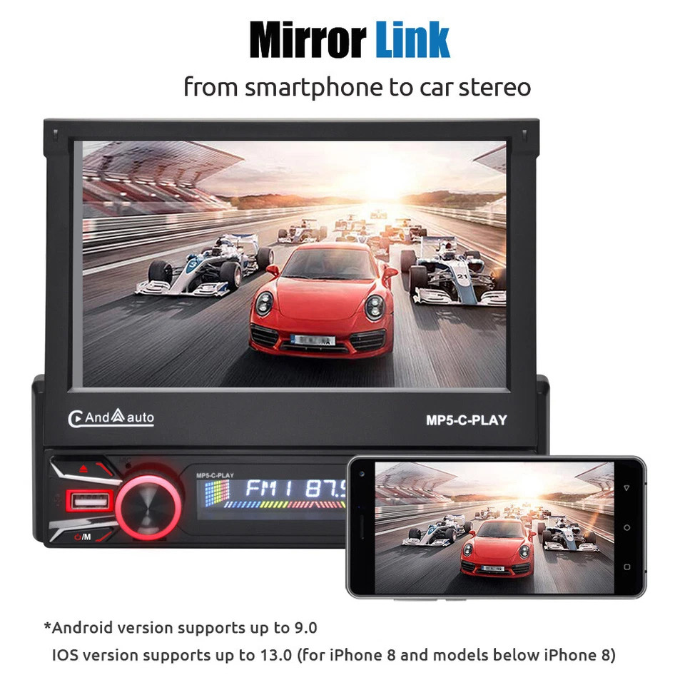 Single 1 DIN 7″ Car Stereo BT CarPlay FM Radio Touch Screen with Backup Camera